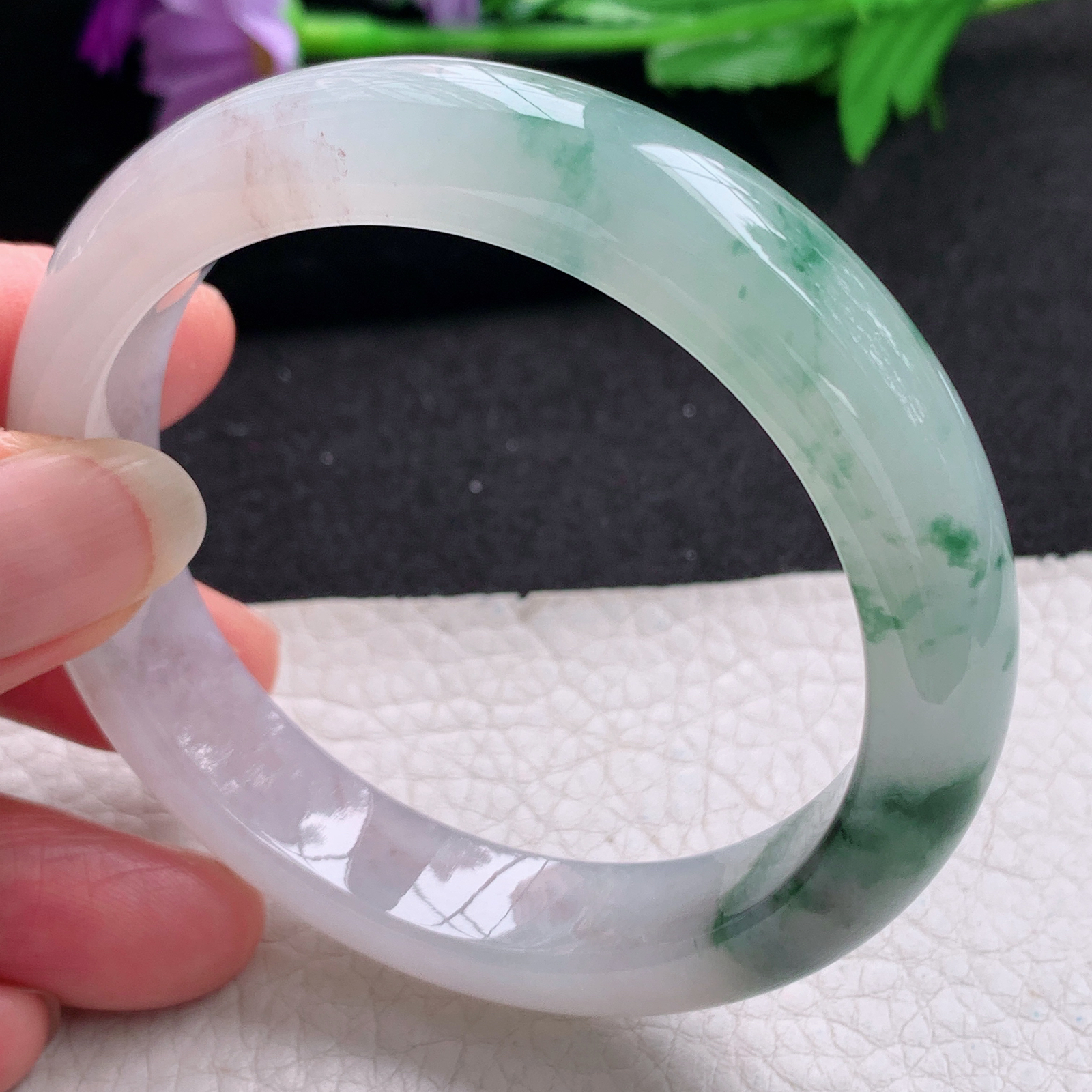 xo飘逸款55.8*12.5*8.5平安镯 天然缅甸翡翠A货手镯冰飘花正圈玉手环