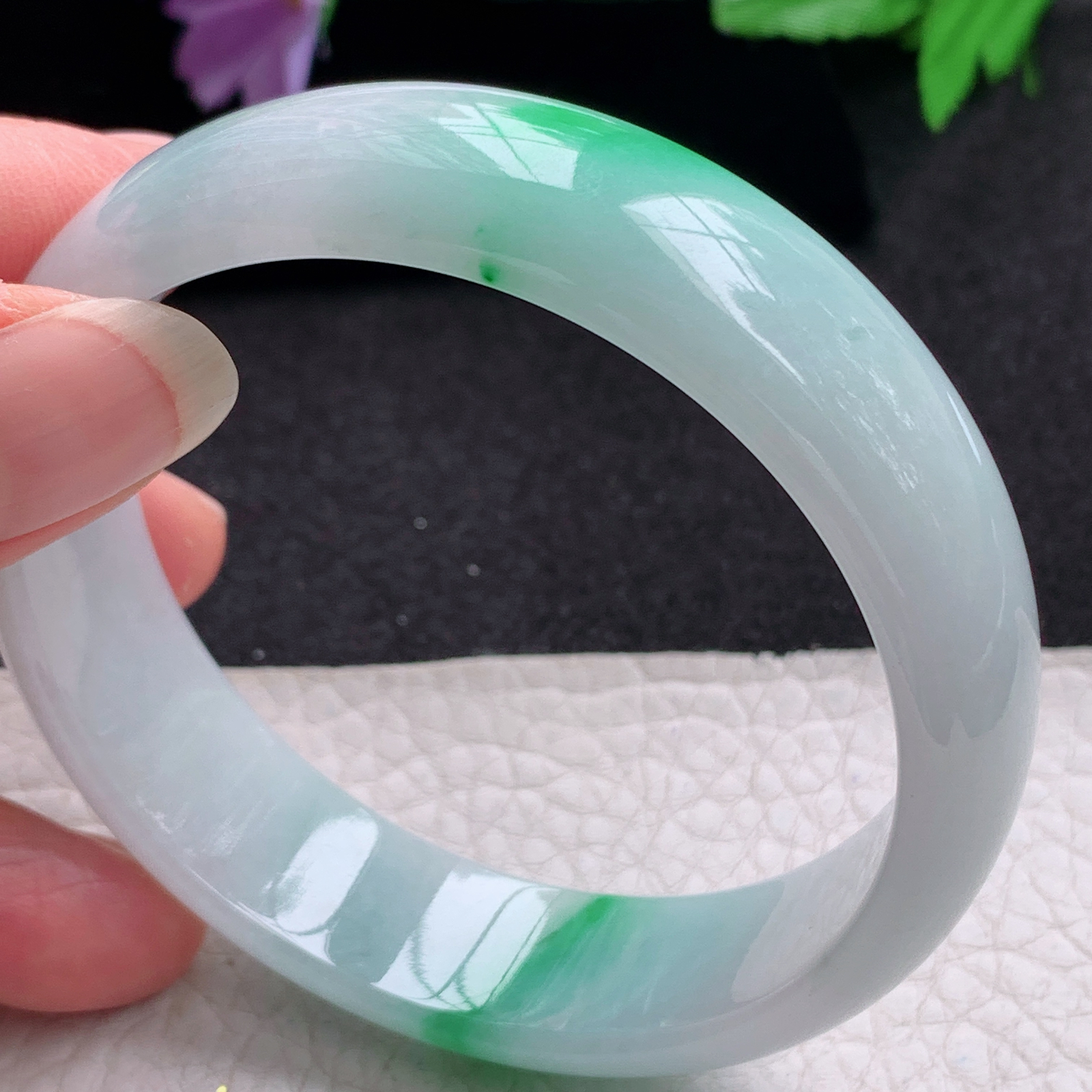 xc实拍58.5*16*6.7轮胎镯 天然缅甸翡翠A货手镯白底青宽边玉手环