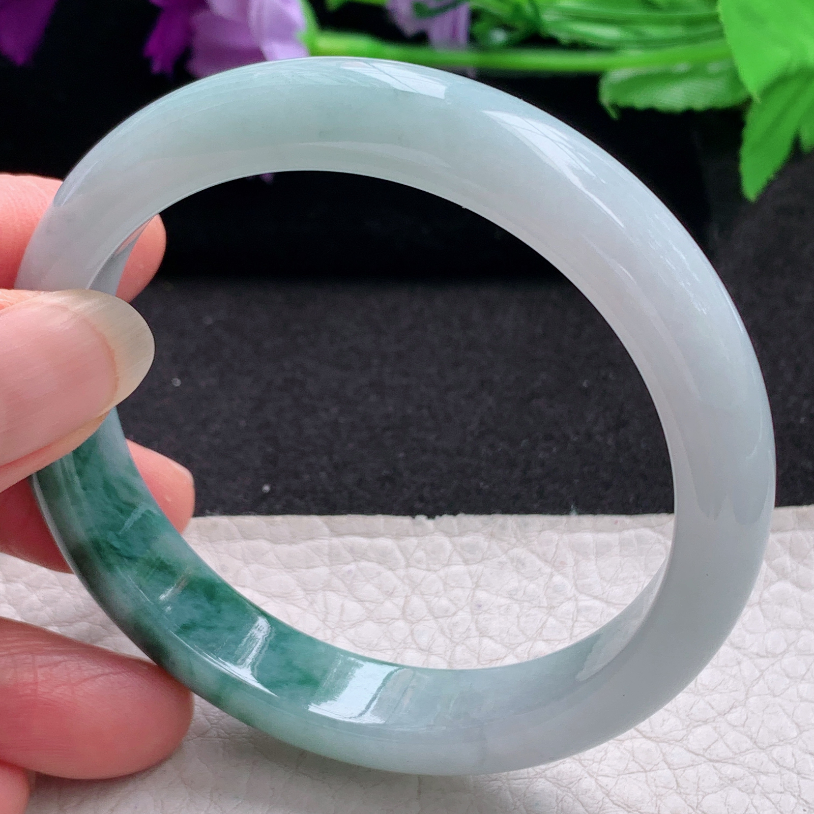 r飘逸款56.5*12*7.6平安镯 天然缅甸翡翠A货手镯飘花胶感正圈玉手环