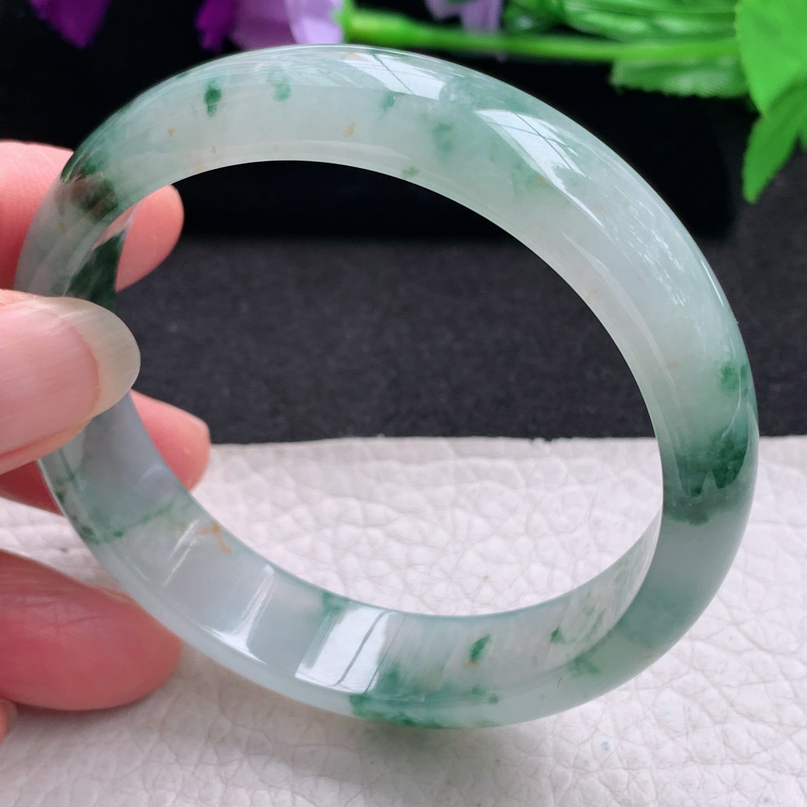 ax收藏款57.5*14.6*7.2平安镯 缅甸翡翠a货玉手镯精美冰飘花正圈玉手环