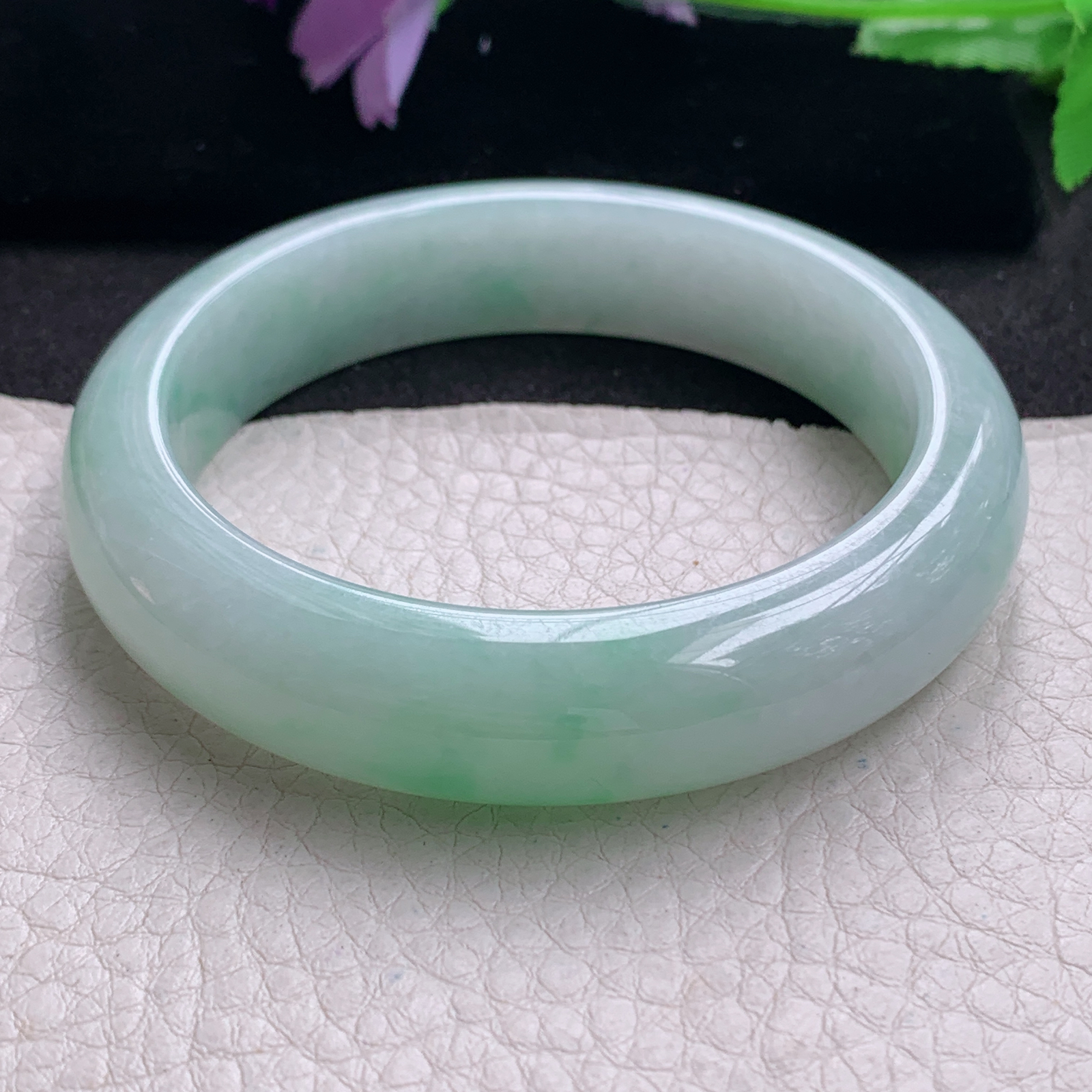 js清新款55.5*13.6*8.7平安镯 缅甸翡翠a货玉手镯精美胶感飘绿正圈玉手环