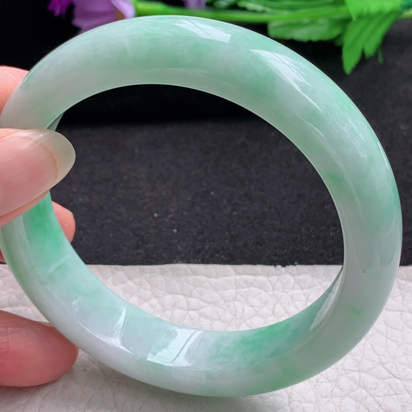 xc实拍59*14.8*9.3平安镯 天然缅甸翡翠A货手镯白底青厚装正圈玉手环