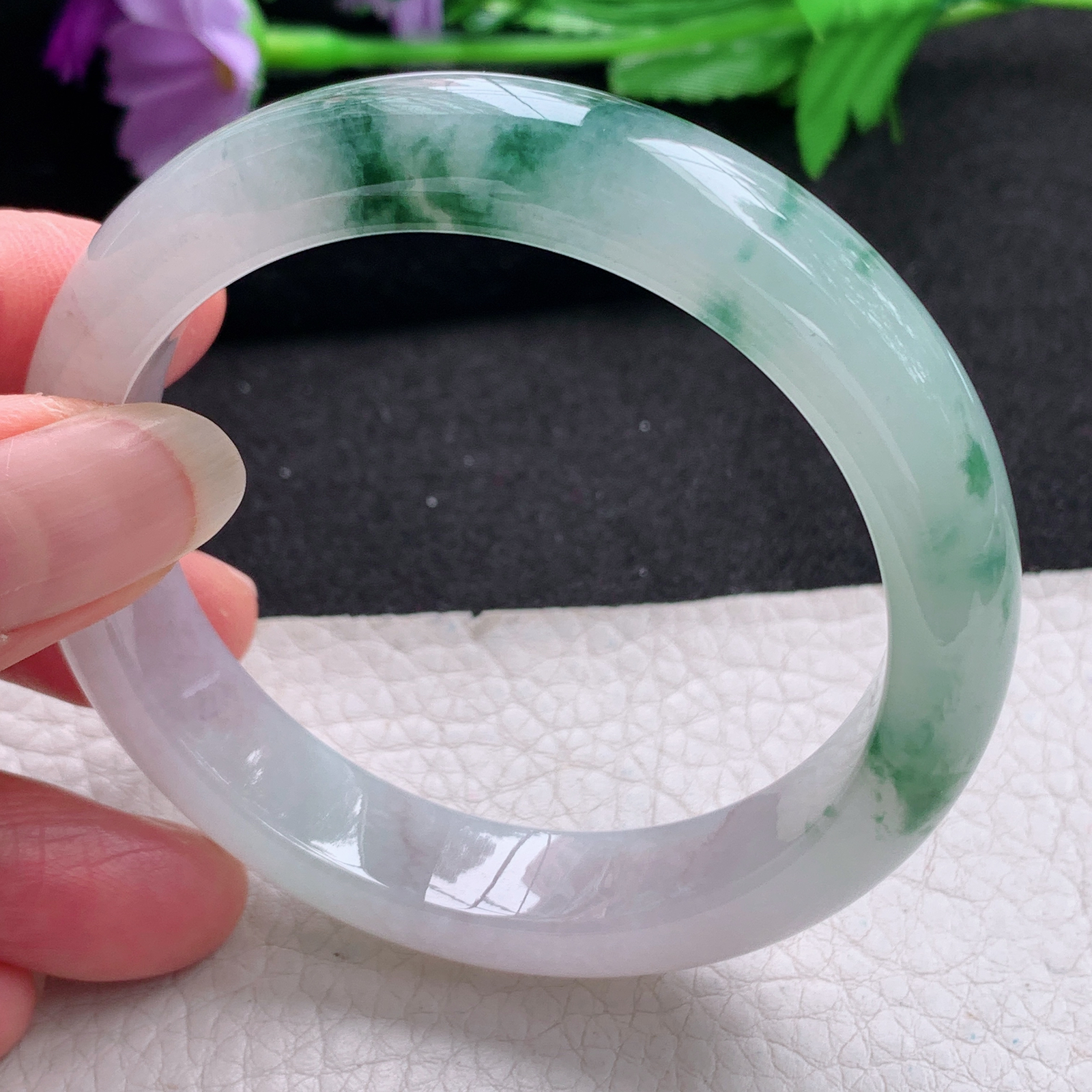 xo飘逸款55.8*12.5*8.5平安镯 天然缅甸翡翠A货手镯冰飘花正圈玉手环