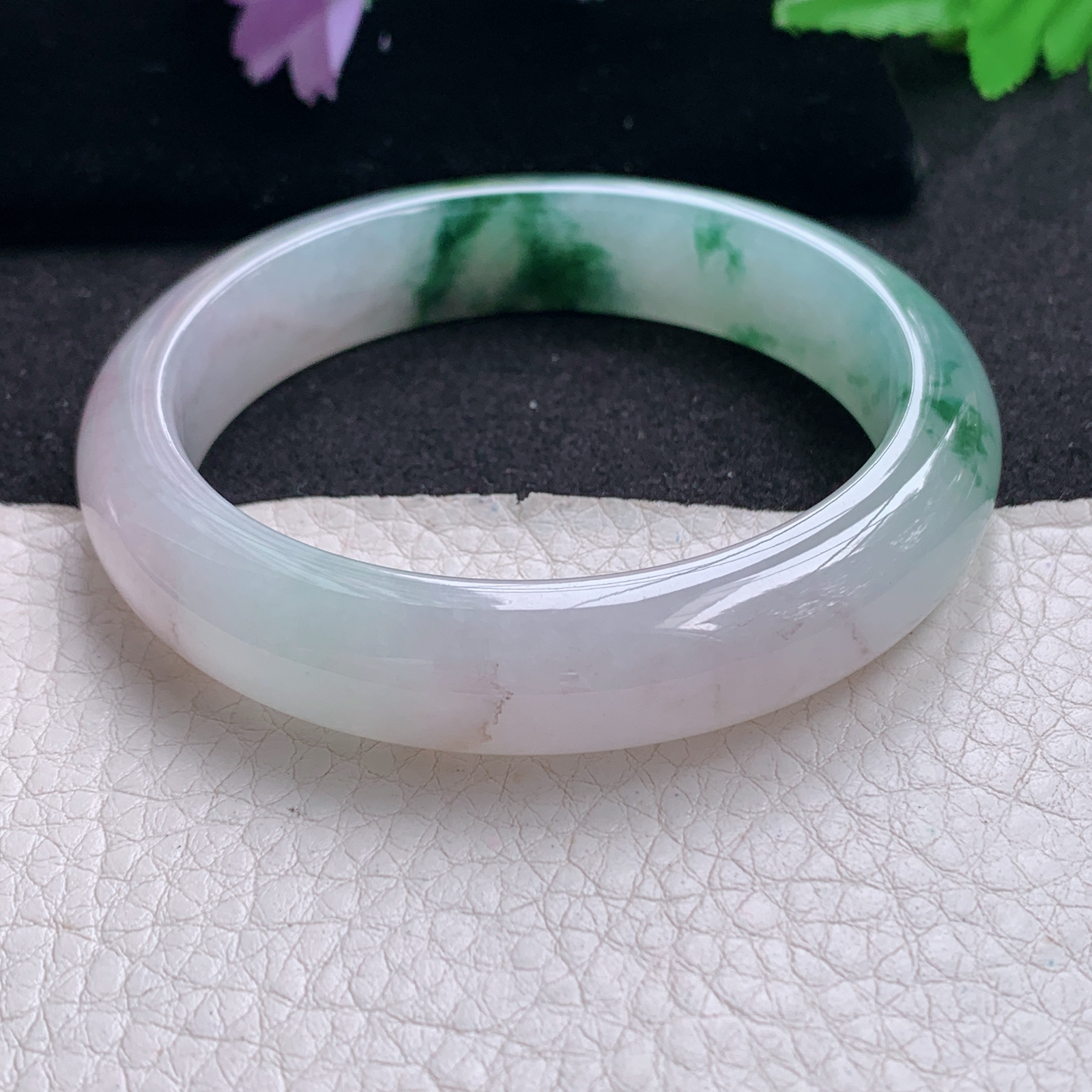 xo飘逸款55.8*12.5*8.5平安镯 天然缅甸翡翠A货手镯冰飘花正圈玉手环