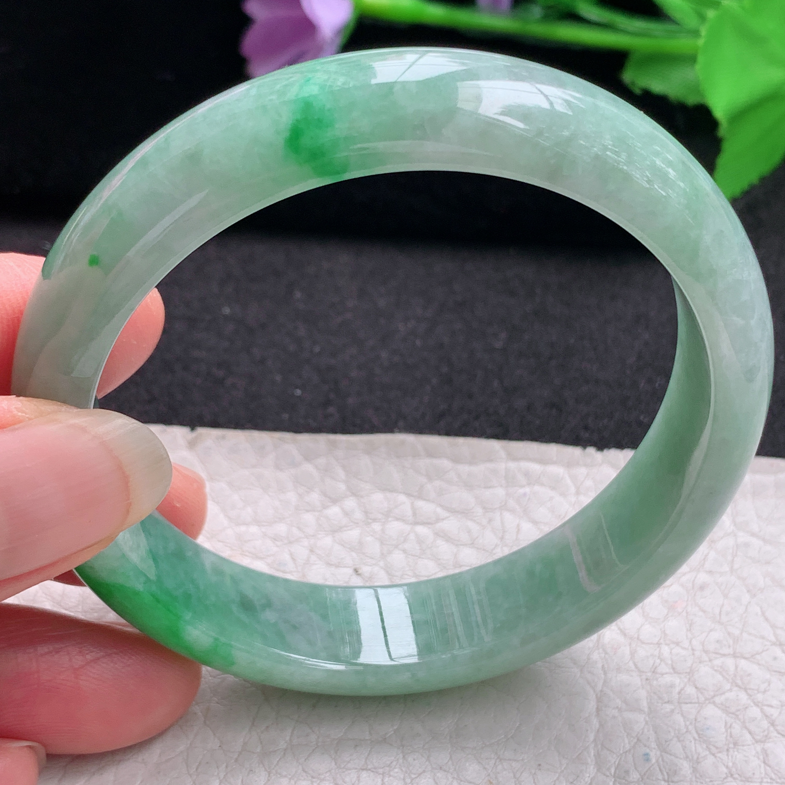 hh辣绿款57*13.2*7.2平安镯 缅甸翡翠a货玉手镯精美水润辣色正圈玉手环