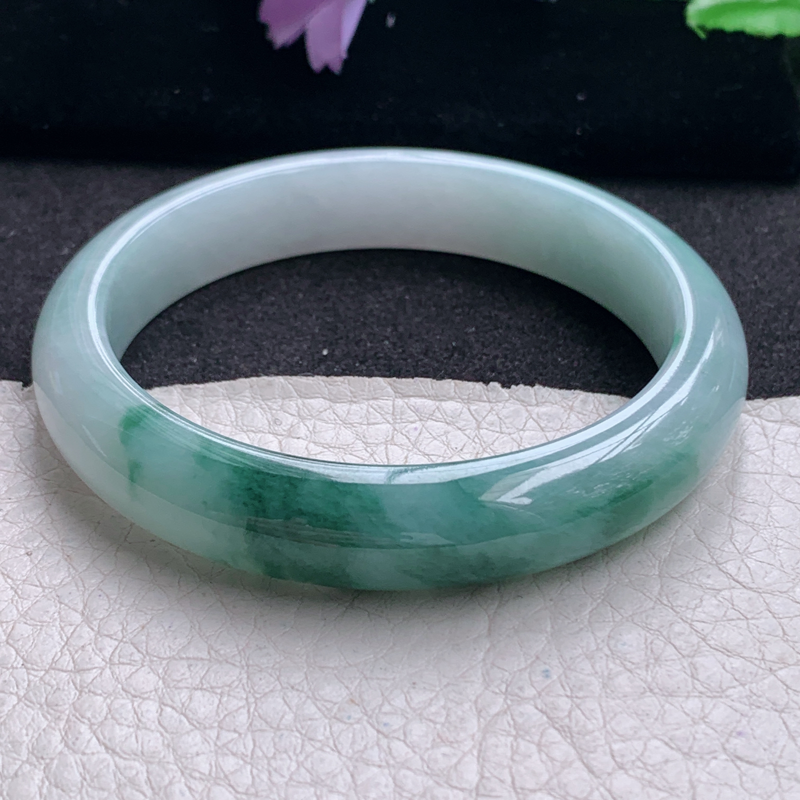 r飘逸款56.5*12*7.6平安镯 天然缅甸翡翠A货手镯飘花胶感正圈玉手环