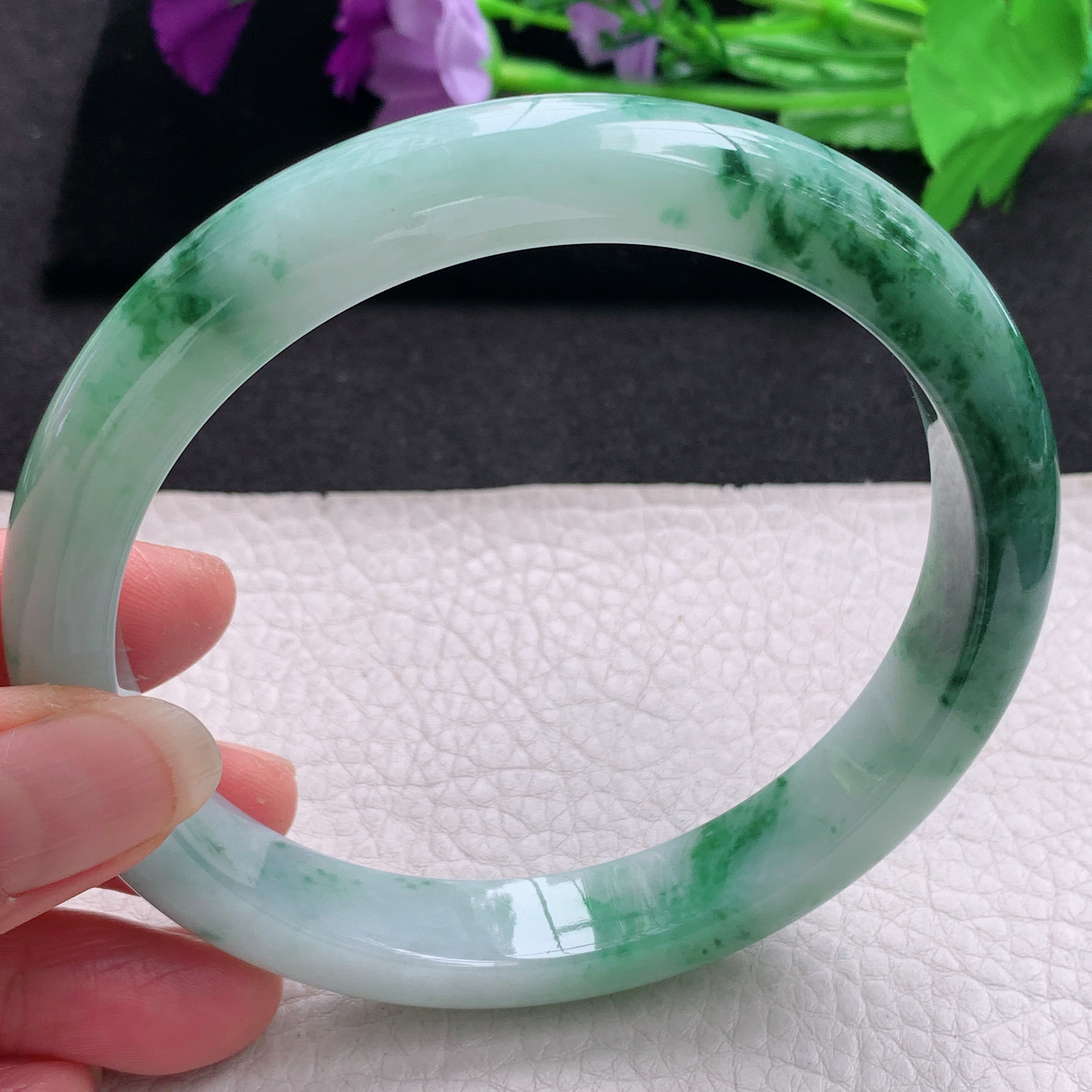 js大圈口71*12.3*9臂镯 缅甸翡翠a货玉手镯精美冰飘花正圈玉手环