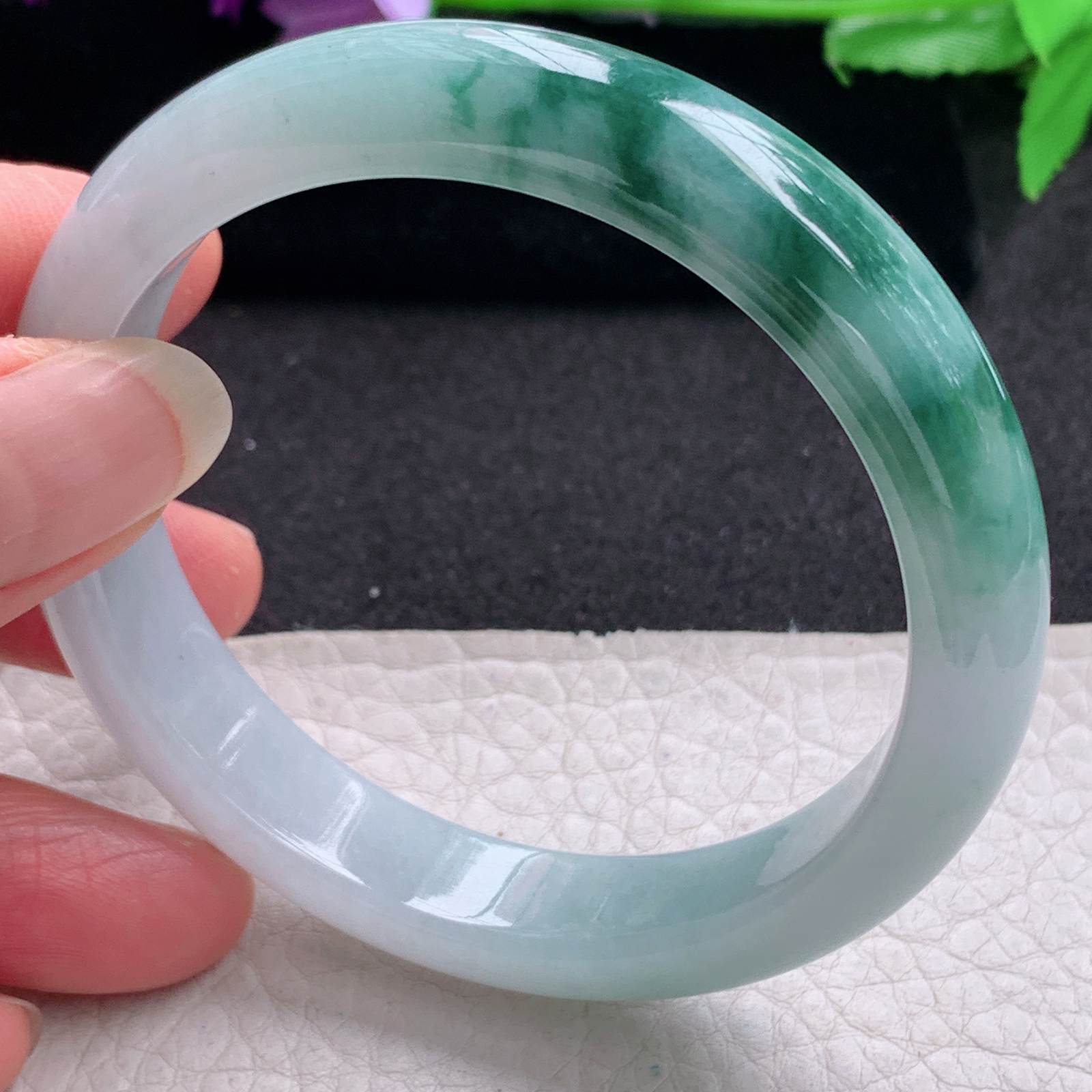 r飘逸款56.5*12*7.6平安镯 天然缅甸翡翠A货手镯飘花胶感正圈玉手环