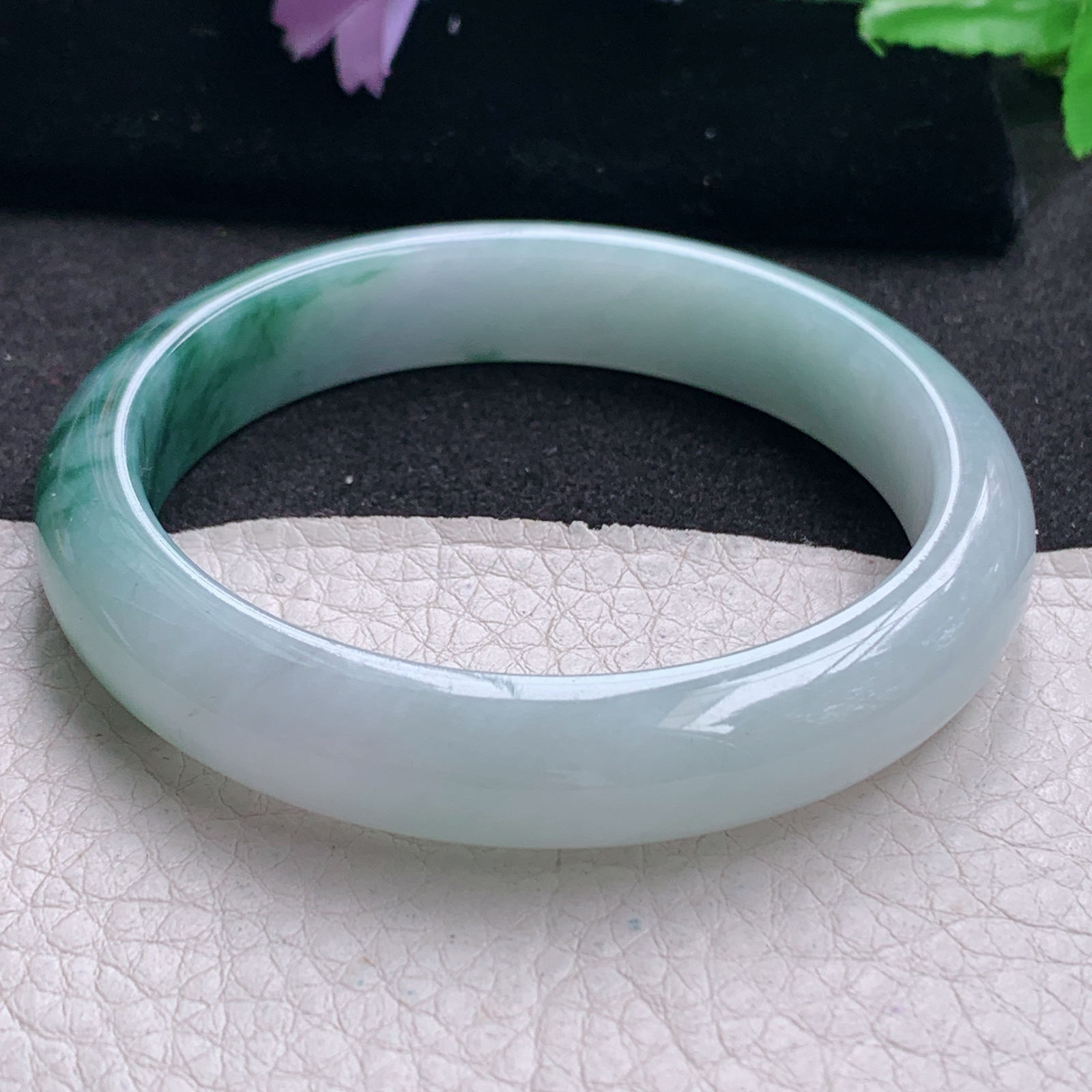 r飘逸款56.5*12*7.6平安镯 天然缅甸翡翠A货手镯飘花胶感正圈玉手环