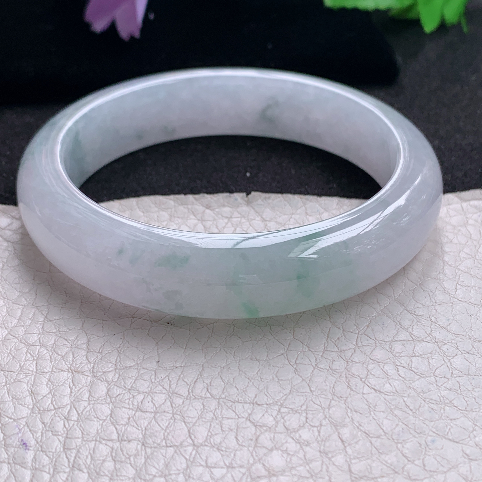 xo淡雅款57*13.3*8.8平安镯 天然缅甸翡翠A货手镯冰飘花正圈玉手环