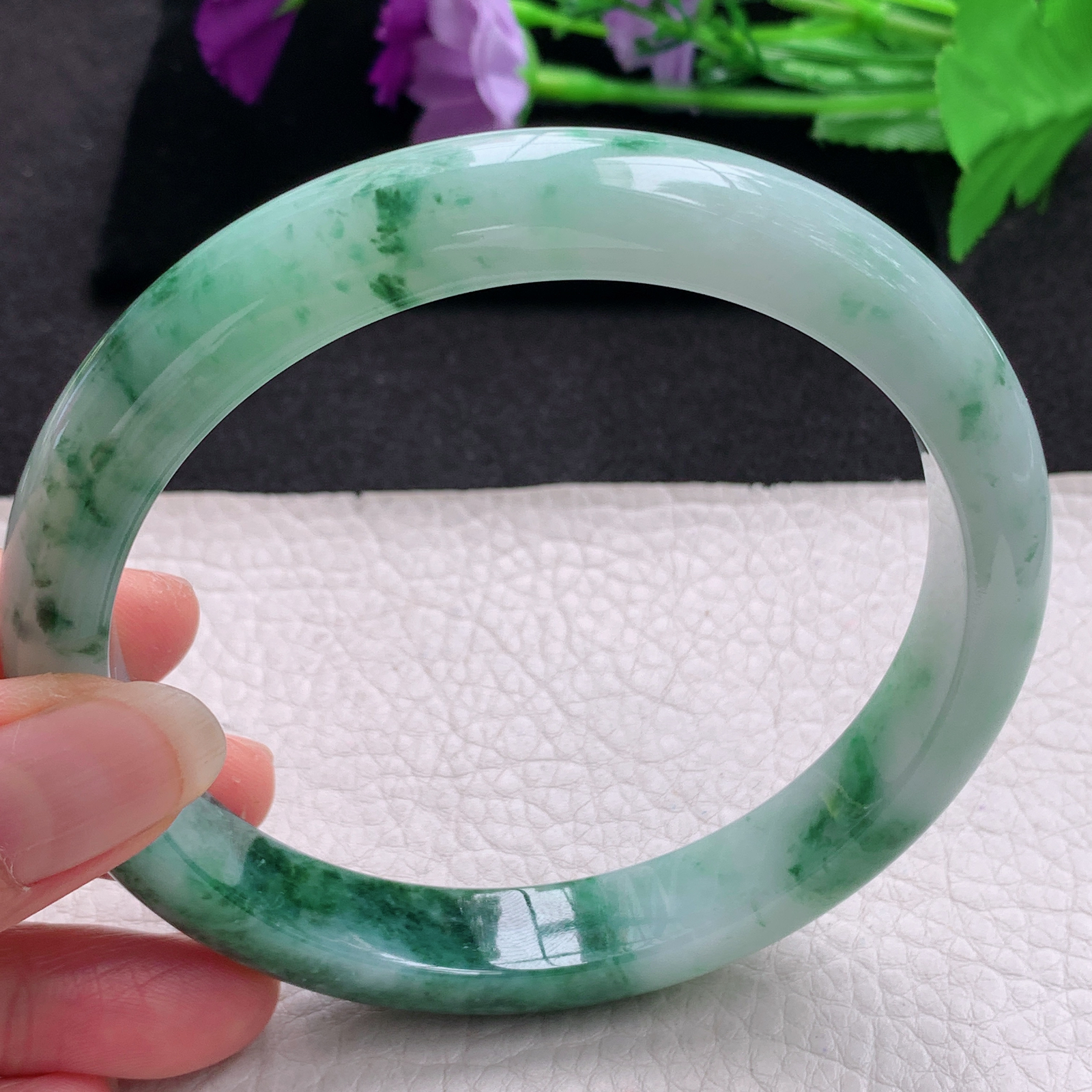 js大圈口71*12.3*9臂镯 缅甸翡翠a货玉手镯精美冰飘花正圈玉手环