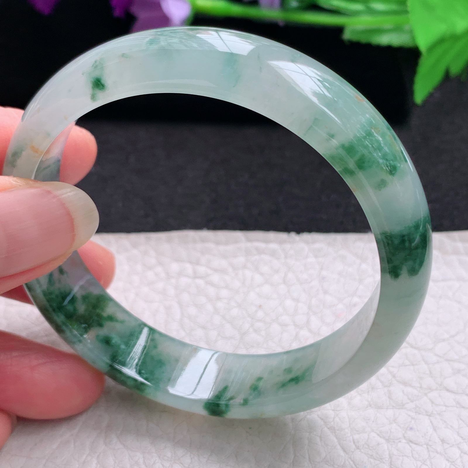 ax收藏款57.5*14.6*7.2平安镯 缅甸翡翠a货玉手镯精美冰飘花正圈玉手环
