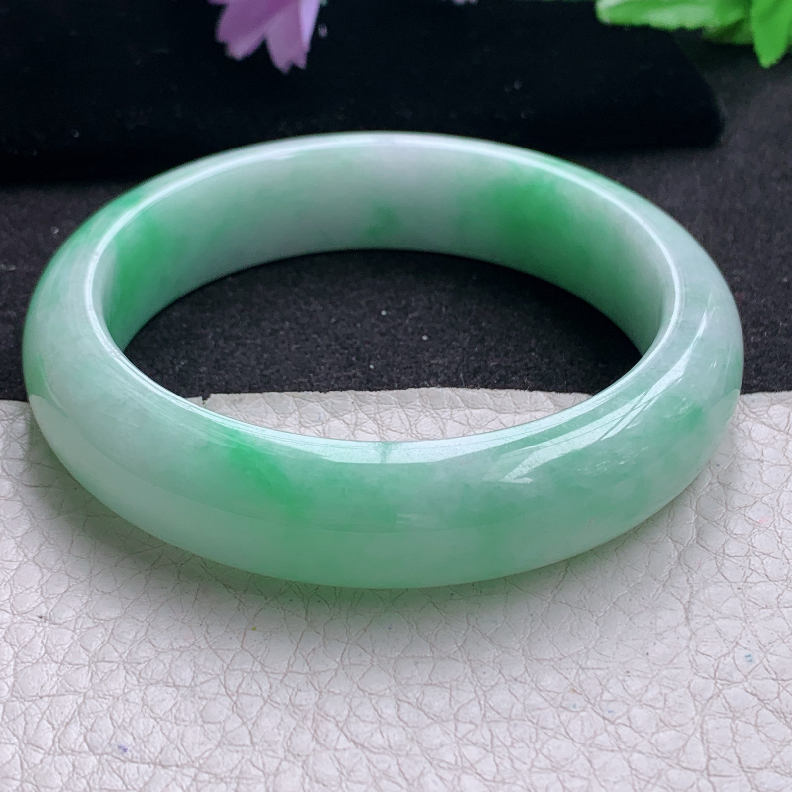 xc实拍59*14.8*9.3平安镯 天然缅甸翡翠A货手镯白底青厚装正圈玉手环