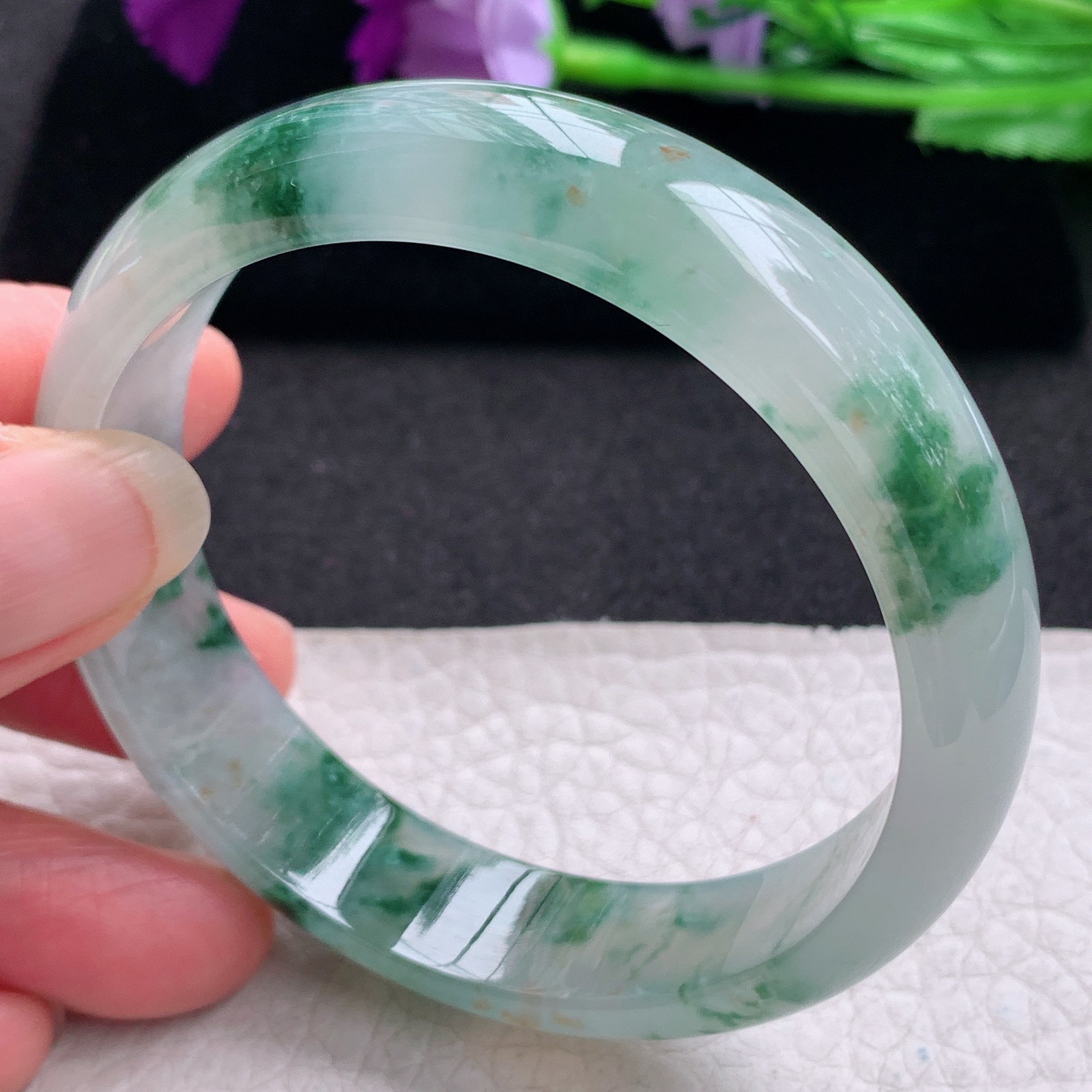 ax收藏款57.5*14.6*7.2平安镯 缅甸翡翠a货玉手镯精美冰飘花正圈玉手环
