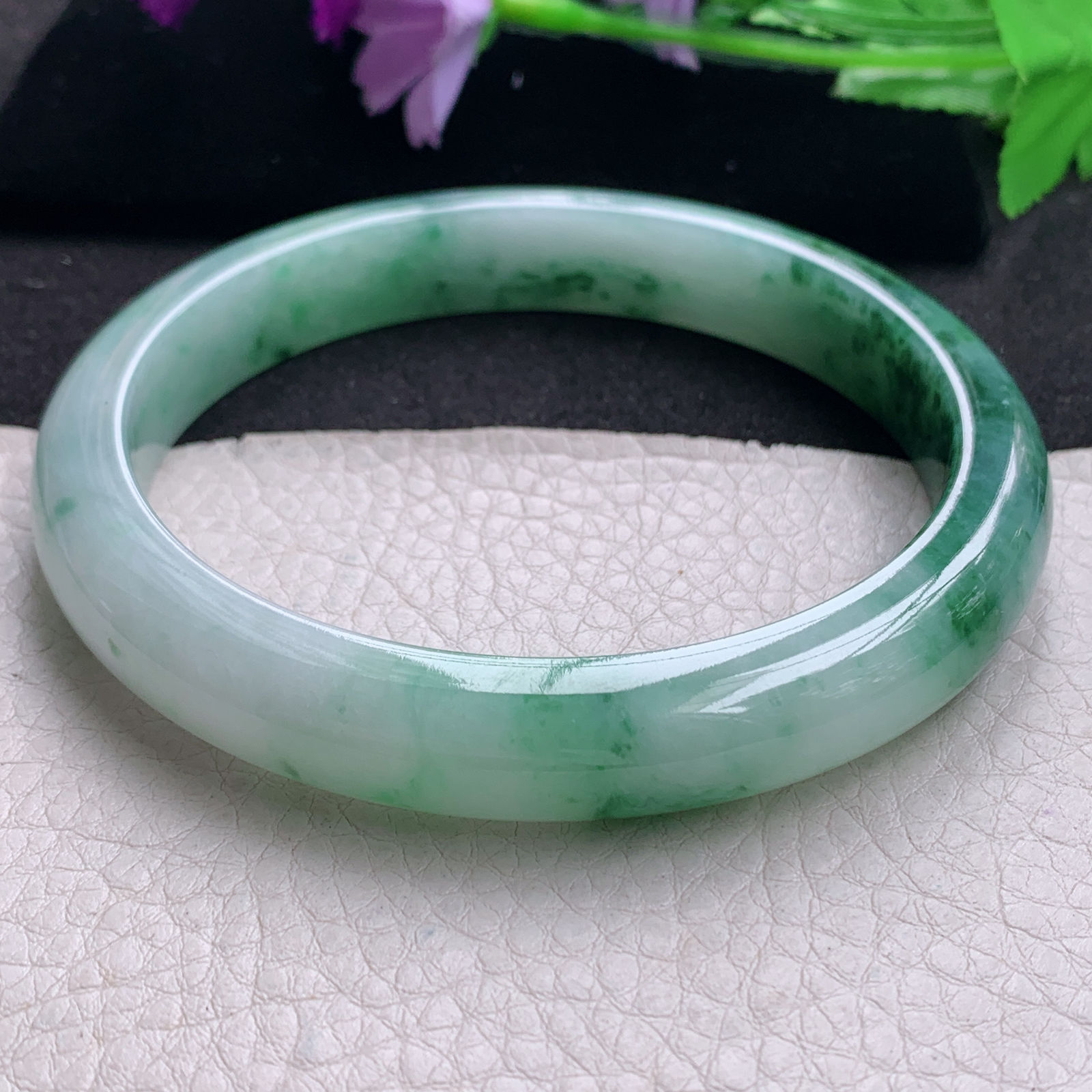 js大圈口71*12.3*9臂镯 缅甸翡翠a货玉手镯精美冰飘花正圈玉手环