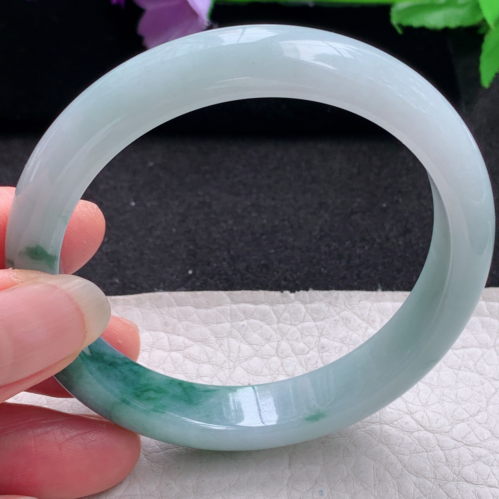 r飘逸款56.5*12*7.6平安镯 天然缅甸翡翠A货手镯飘花胶感正圈玉手环