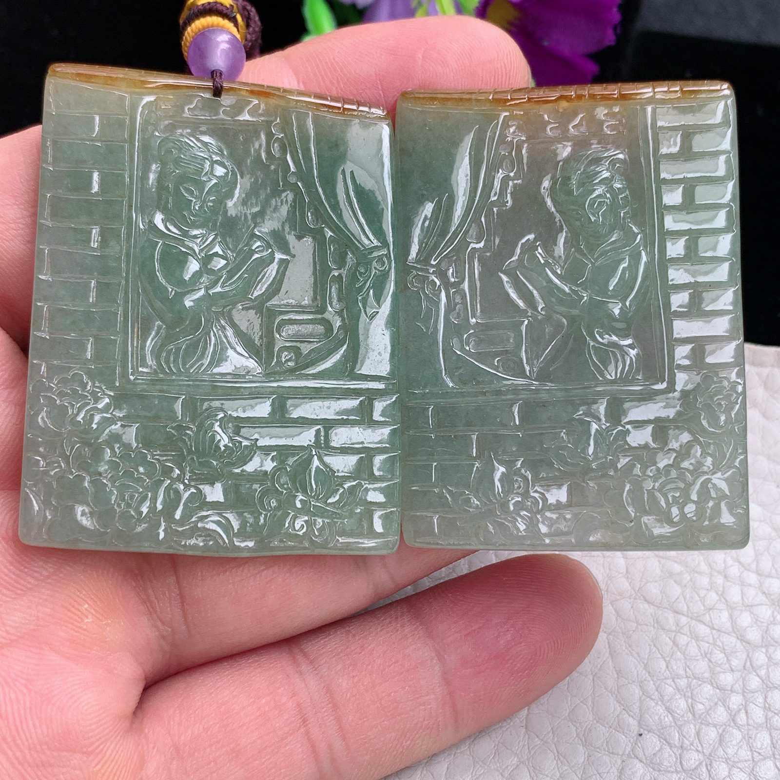 zz3实拍52*39*3.8缅甸翡翠精雕冰透仕女图吊坠 闭月羞花姐妹对挂件