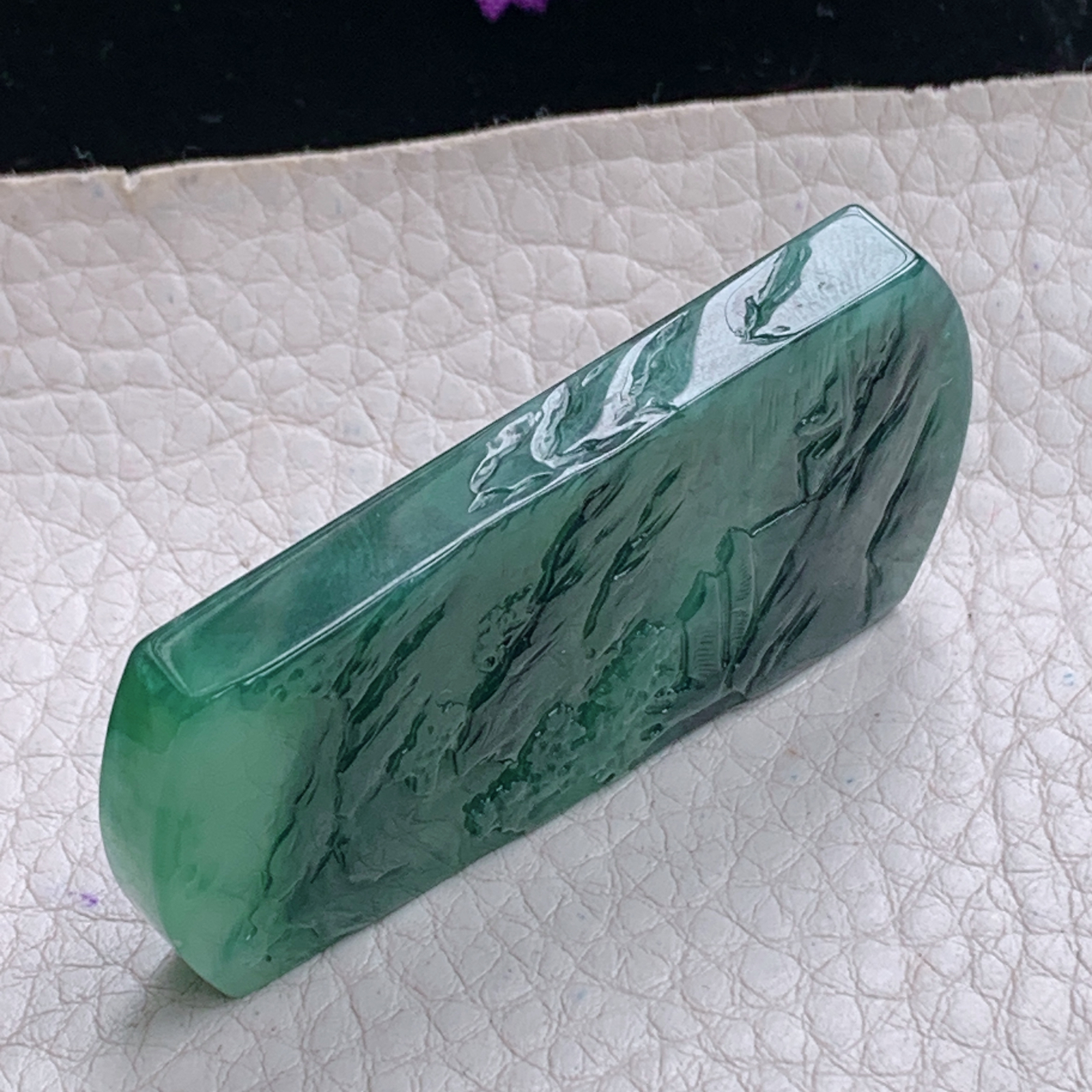 zz3实拍55*28.2*6.5缅甸翡翠蓝水精雕山水牌项坠崇山峻岭垂钓吊坠