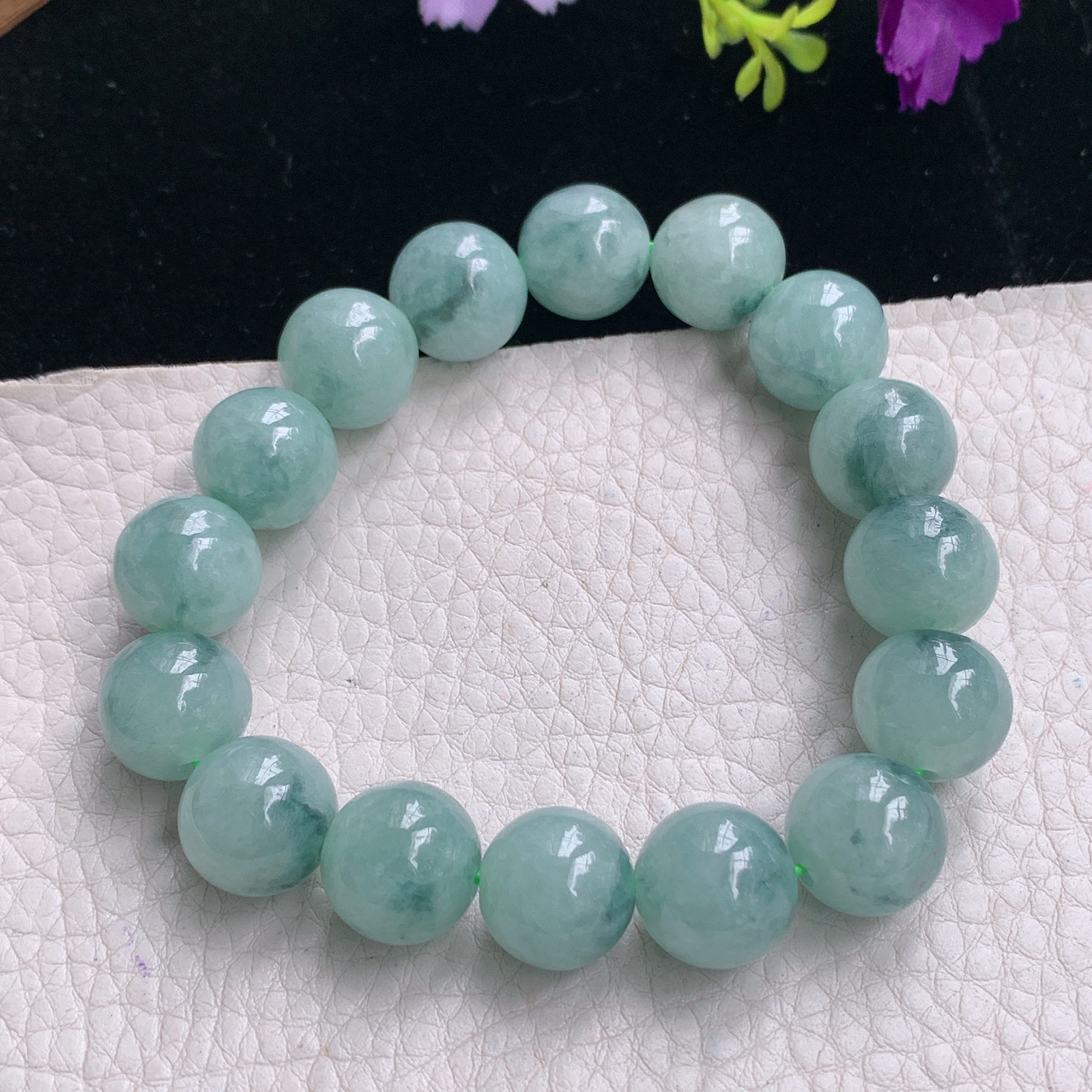 zz3实拍13.3mm 缅甸翡翠飘花大圆珠手串 男款玉珠手链16颗