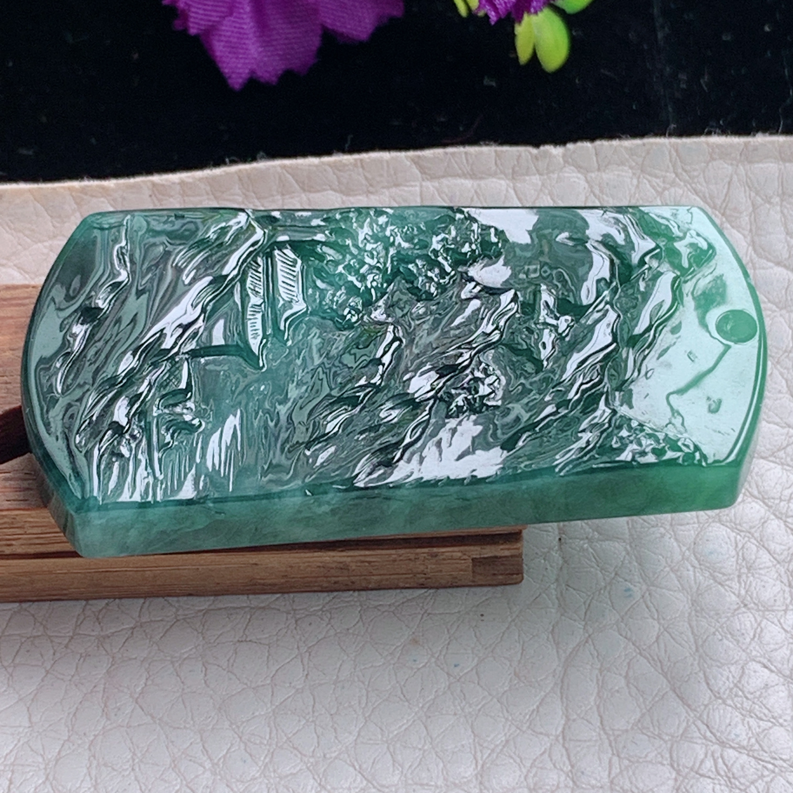 zz3实拍55*28.2*6.5缅甸翡翠蓝水精雕山水牌项坠崇山峻岭垂钓吊坠