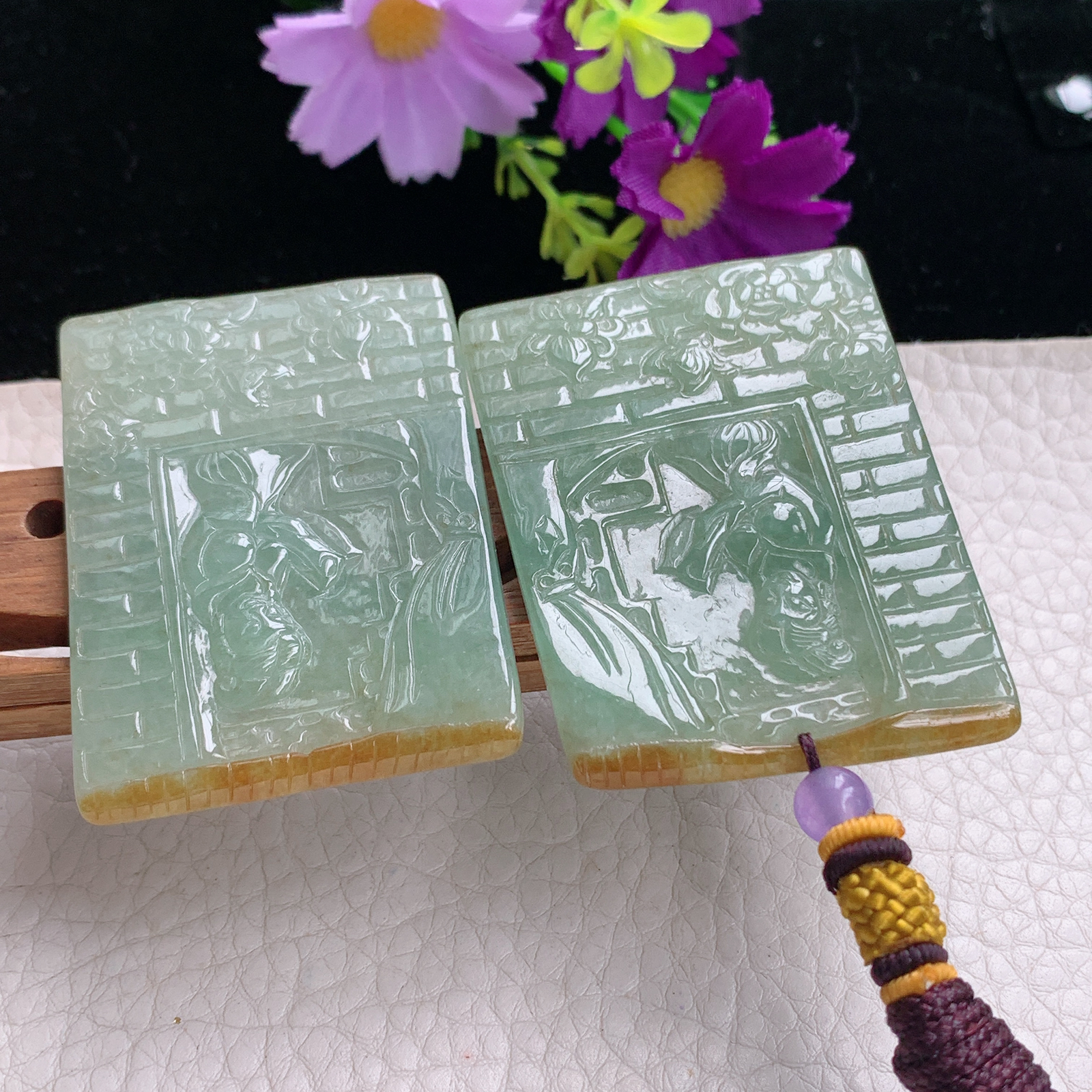 zz3实拍52*39*3.8缅甸翡翠精雕冰透仕女图吊坠 闭月羞花姐妹对挂件