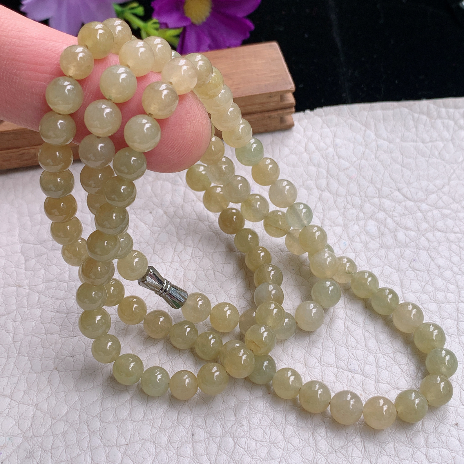 zz3实拍6.5共100颗天然缅甸翡翠冰透黄翡圆珠项链 佛珠链手串毛衣链
