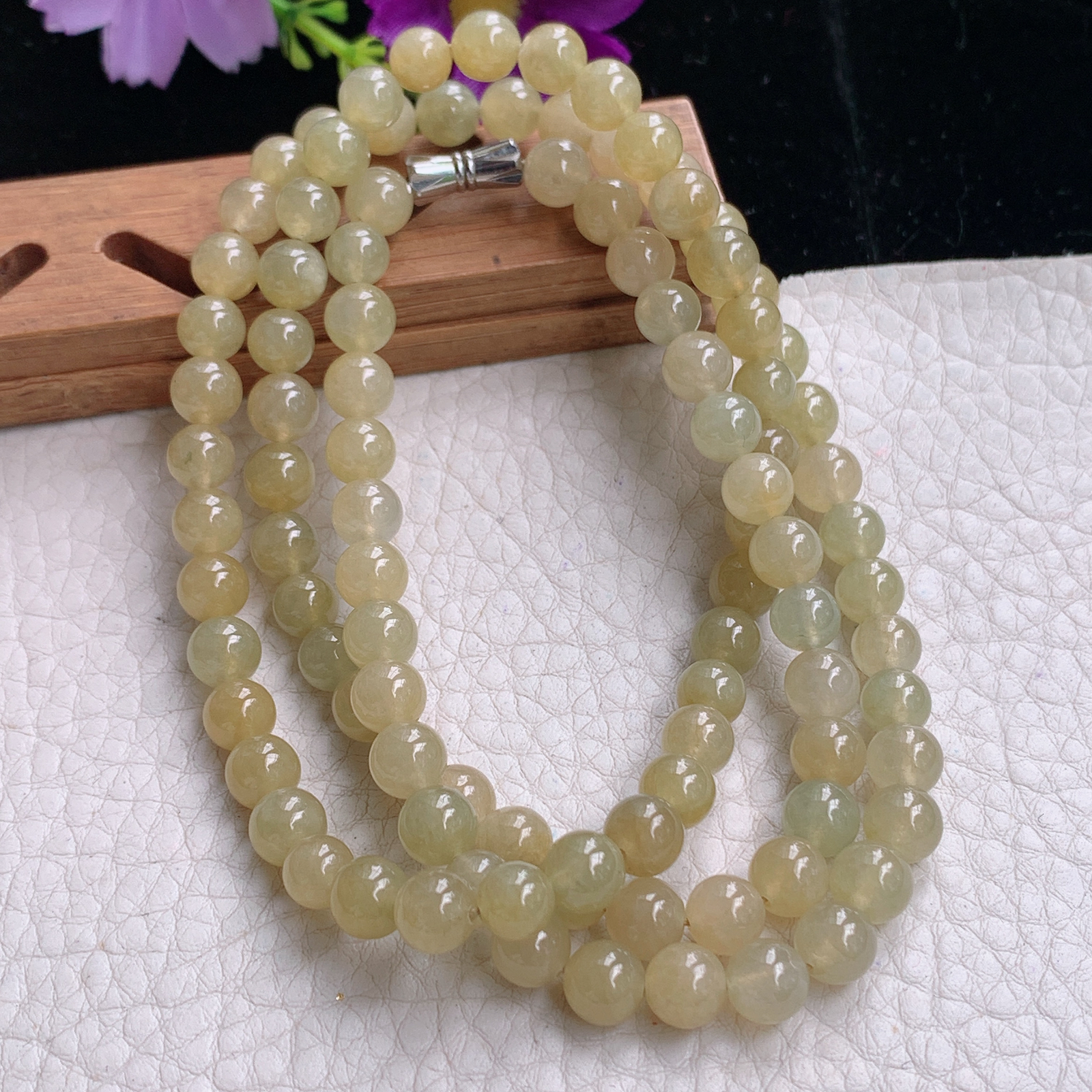 zz3实拍6.5共100颗天然缅甸翡翠冰透黄翡圆珠项链 佛珠链手串毛衣链