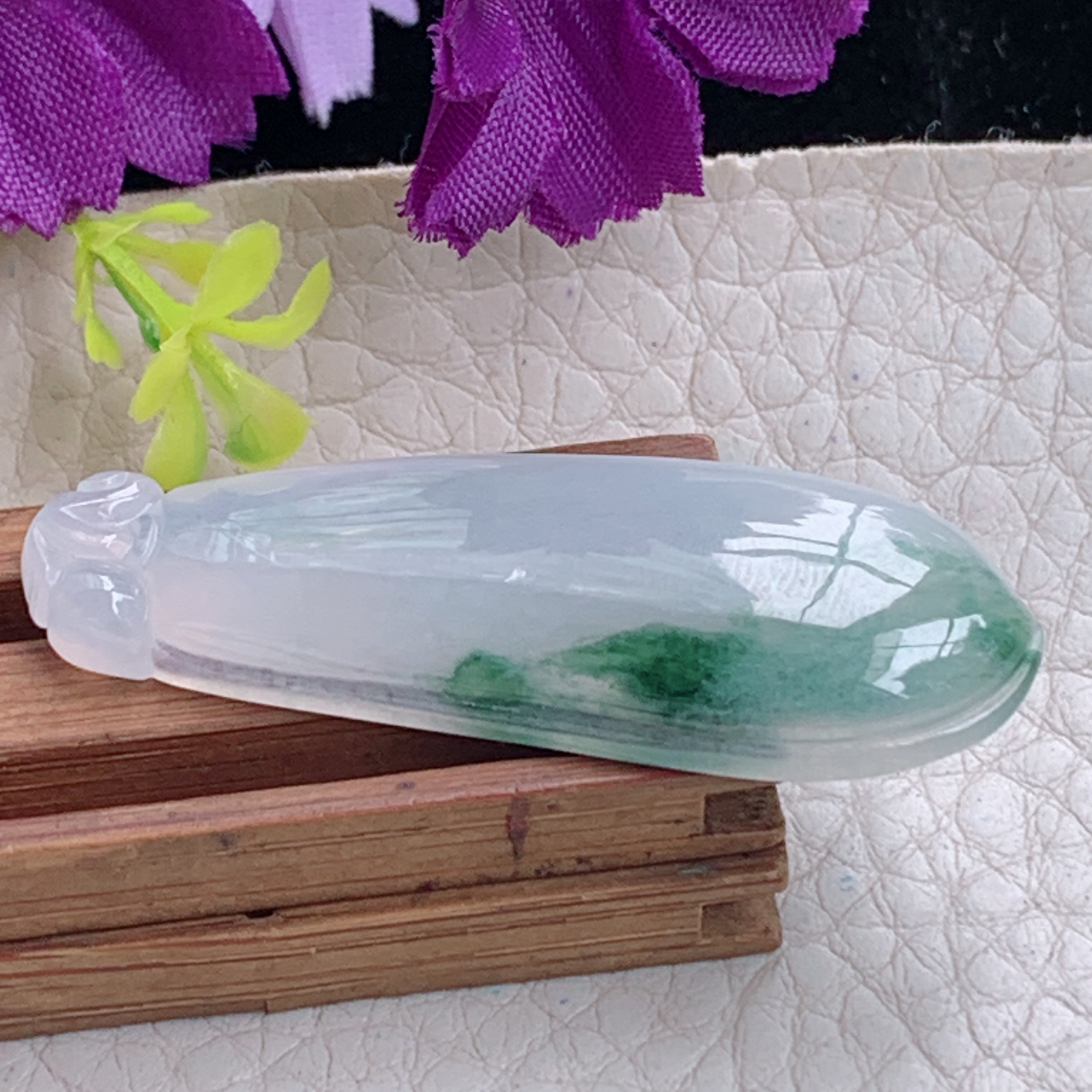 zz3实拍46.5*17.3*5.7缅甸翡翠冰飘花福瓜吊坠福气绵绵玉坠