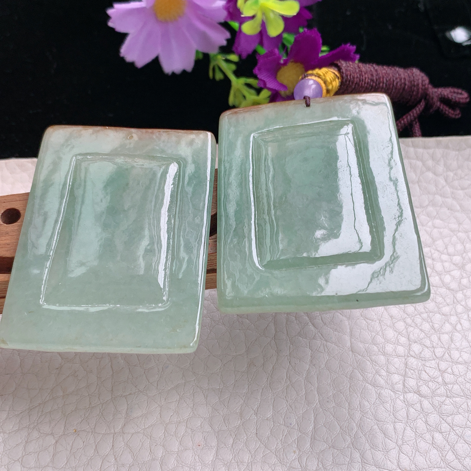 zz3实拍52*39*3.8缅甸翡翠精雕冰透仕女图吊坠 闭月羞花姐妹对挂件