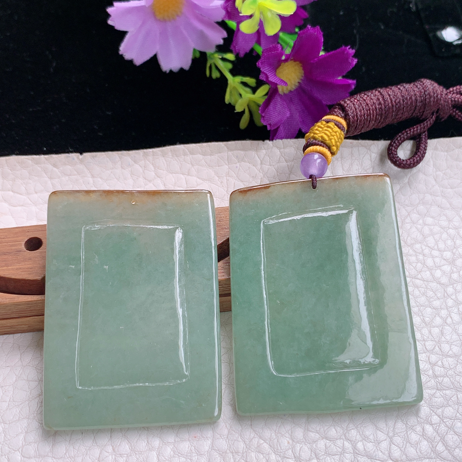 zz3实拍52*39*3.8缅甸翡翠精雕冰透仕女图吊坠 闭月羞花姐妹对挂件