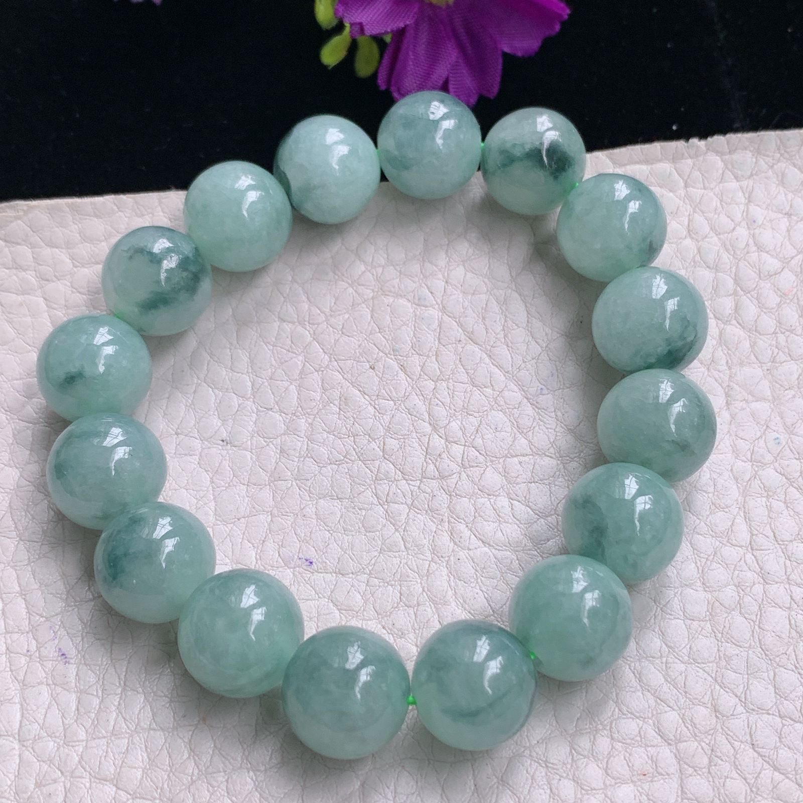 zz3实拍13.3mm 缅甸翡翠飘花大圆珠手串 男款玉珠手链16颗