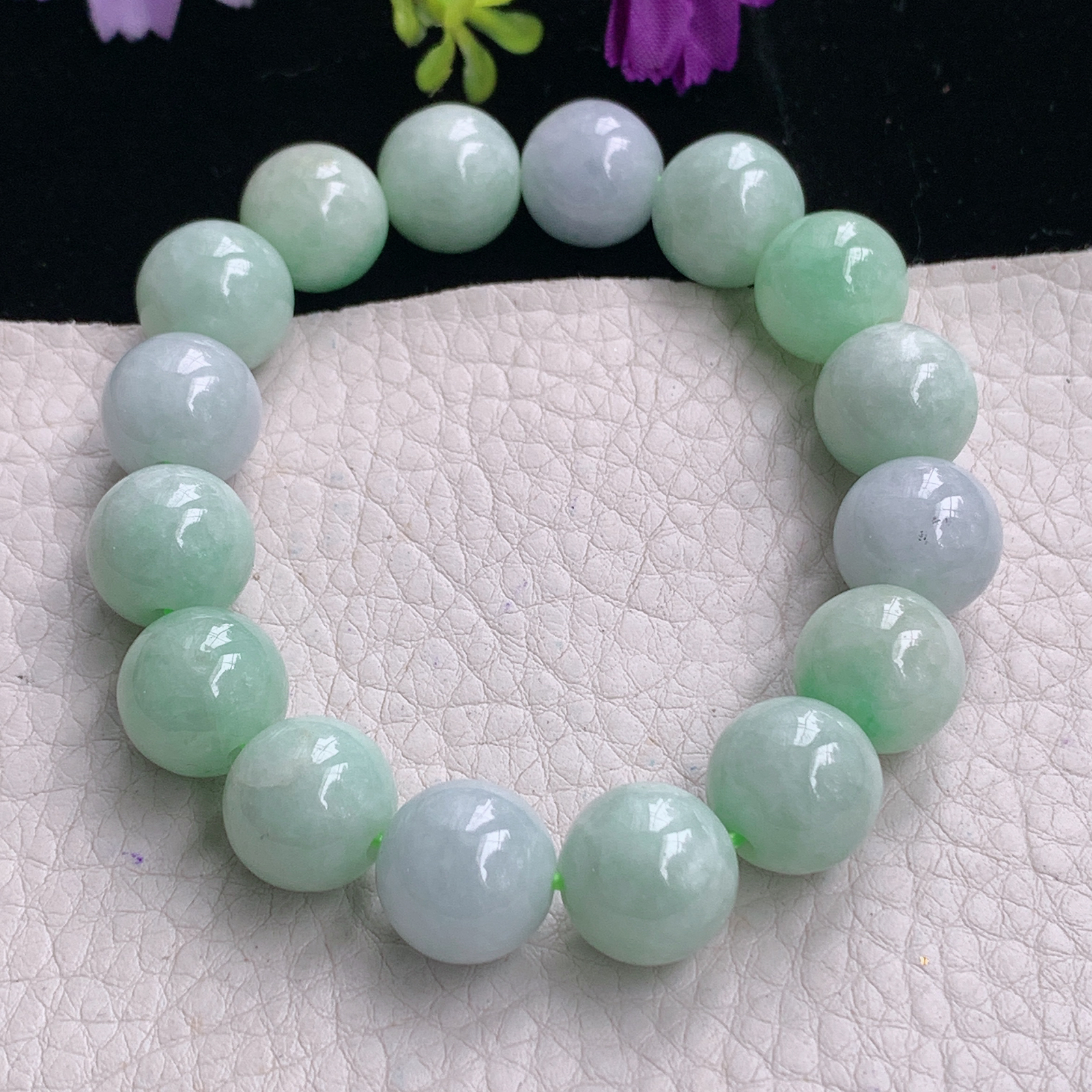 zz3实拍13mm 16颗 缅甸翡翠大圆珠淡绿佛珠手串 男女款手链