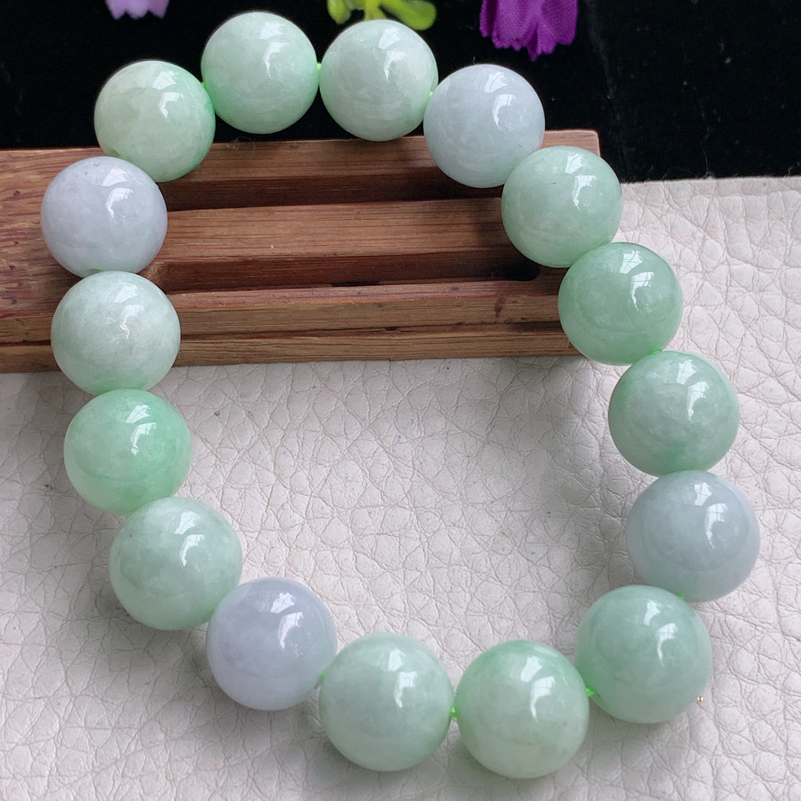 zz3实拍13mm 16颗 缅甸翡翠大圆珠淡绿佛珠手串 男女款手链