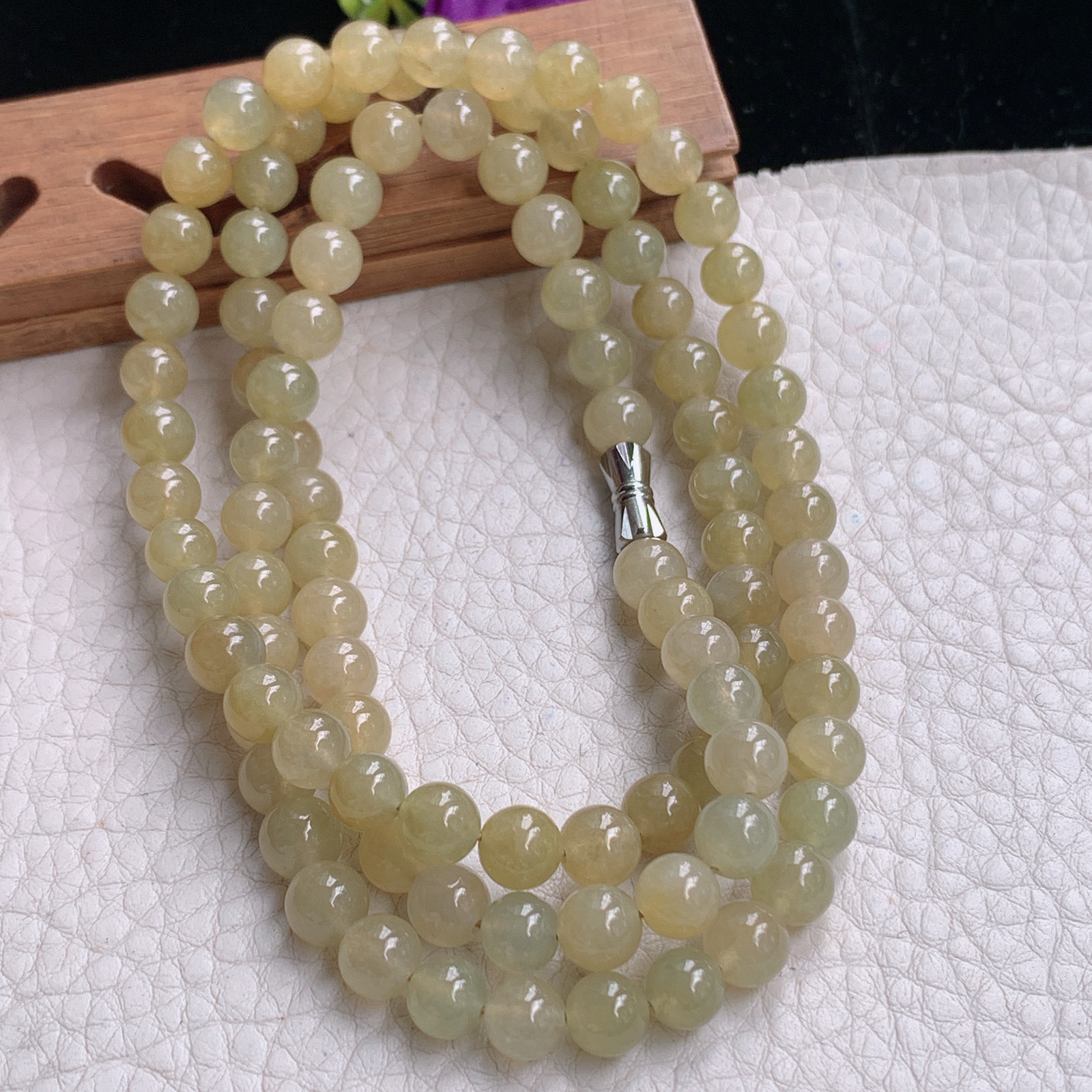 zz3实拍6.5共100颗天然缅甸翡翠冰透黄翡圆珠项链 佛珠链手串毛衣链