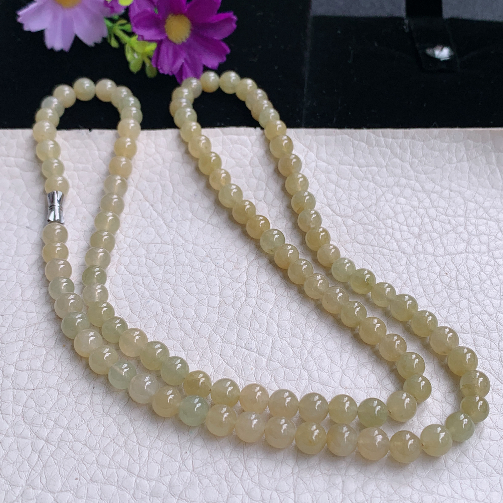zz3实拍6.5共100颗天然缅甸翡翠冰透黄翡圆珠项链 佛珠链手串毛衣链