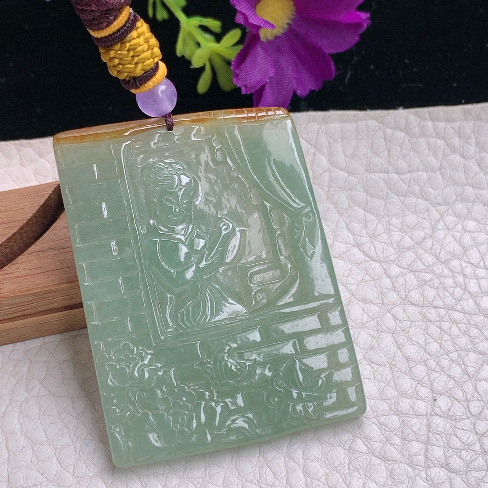 zz3实拍52*39*3.8缅甸翡翠精雕冰透仕女图吊坠 闭月羞花姐妹对挂件