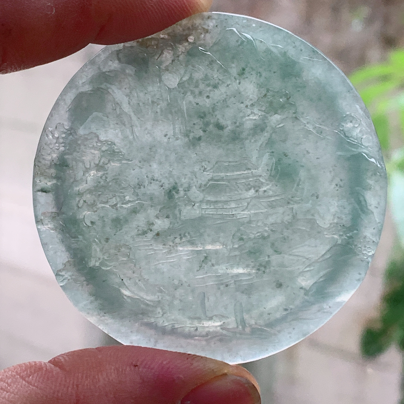 zz3实拍56*7.5缅甸翡翠精冰透晴水圆山水牌吊坠 高山流水意境渊源流长挂件