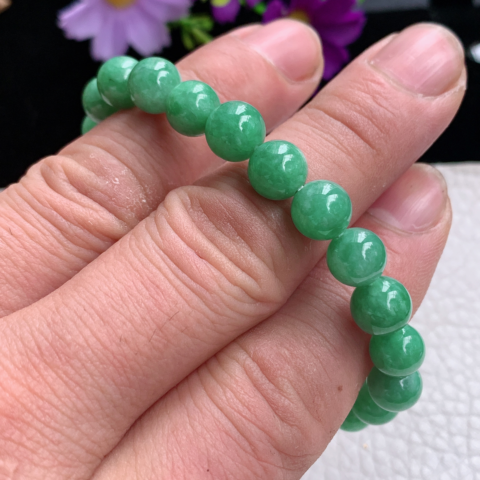 zz3实拍8共23颗 缅甸翡翠圆润满绿女款手链精美珠串