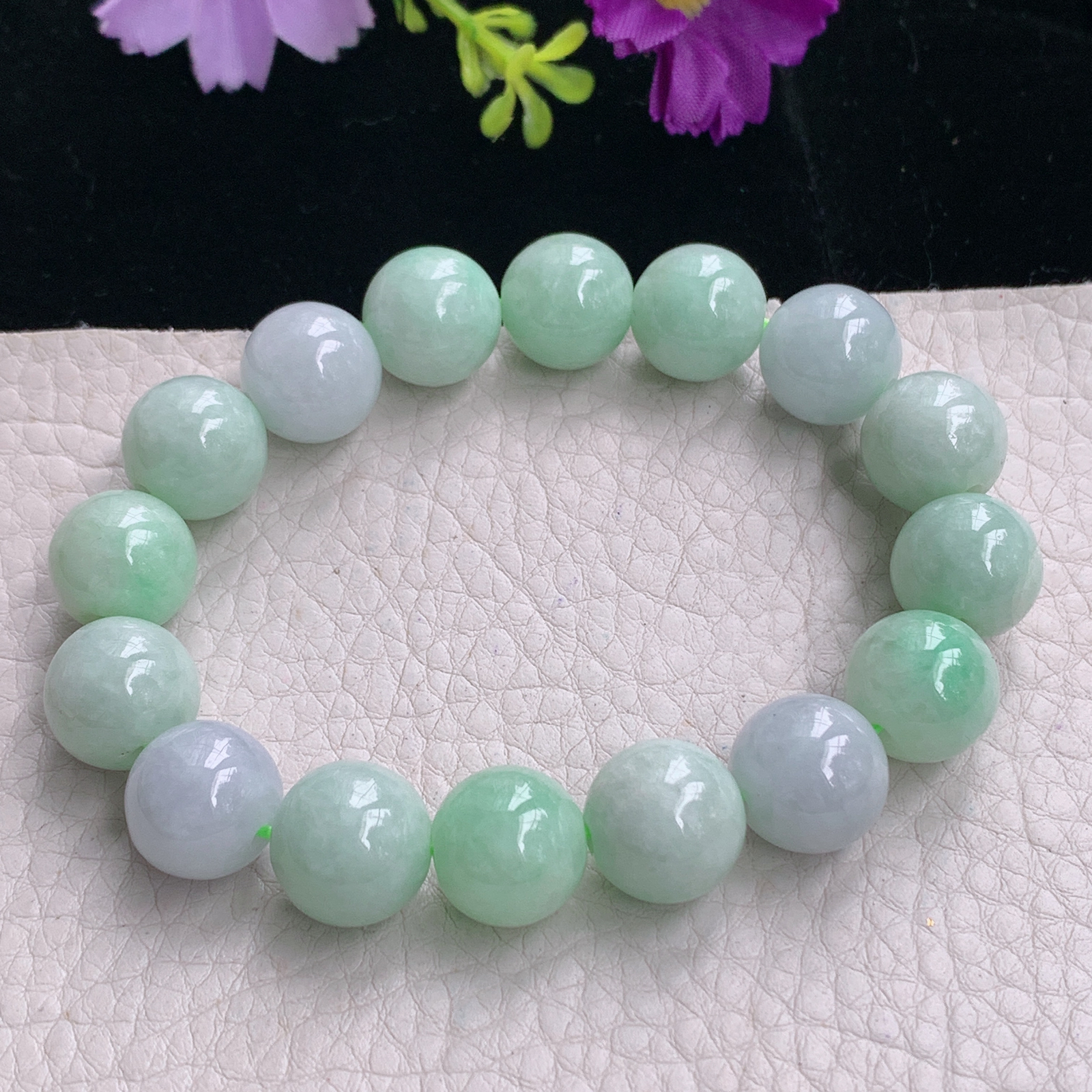 zz3实拍13mm 16颗 缅甸翡翠大圆珠淡绿佛珠手串 男女款手链