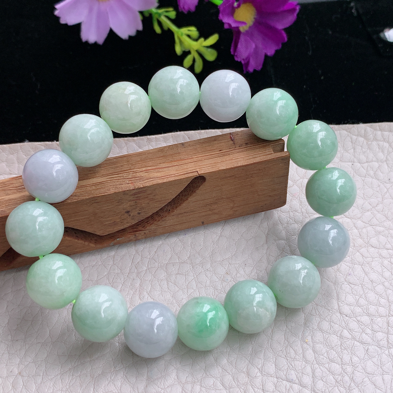 zz3实拍13mm 16颗 缅甸翡翠大圆珠淡绿佛珠手串 男女款手链