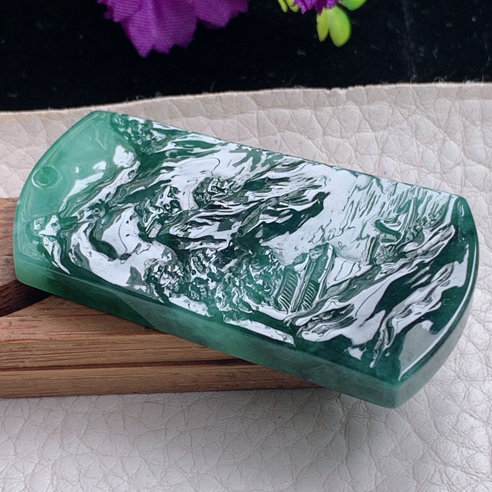 zz3实拍55*28.2*6.5缅甸翡翠蓝水精雕山水牌项坠崇山峻岭垂钓吊坠