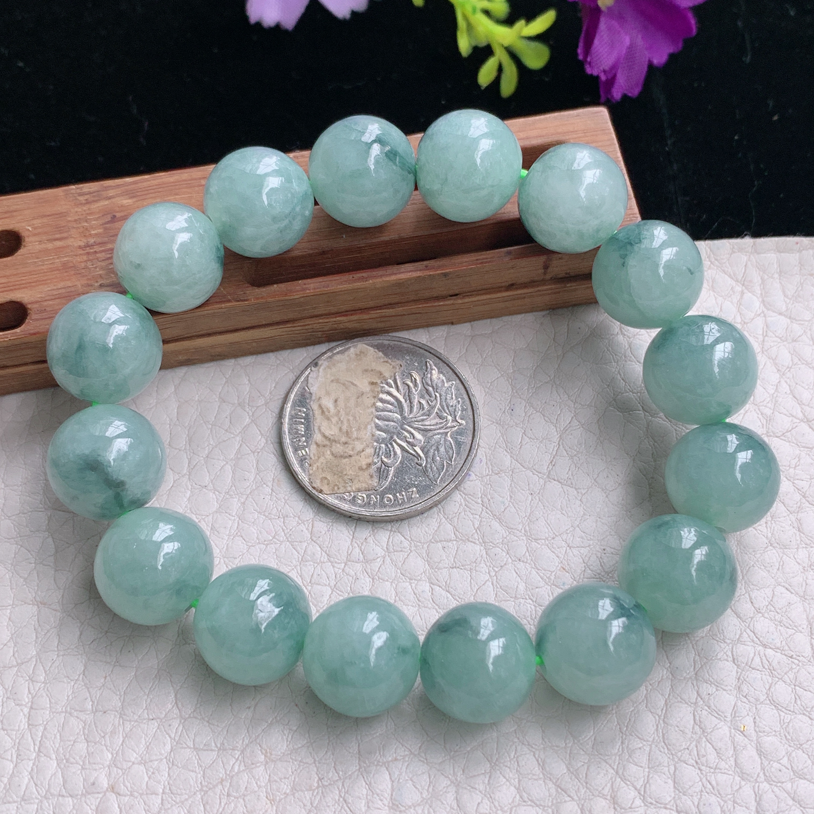 zz3实拍13.3mm 缅甸翡翠飘花大圆珠手串 男款玉珠手链16颗