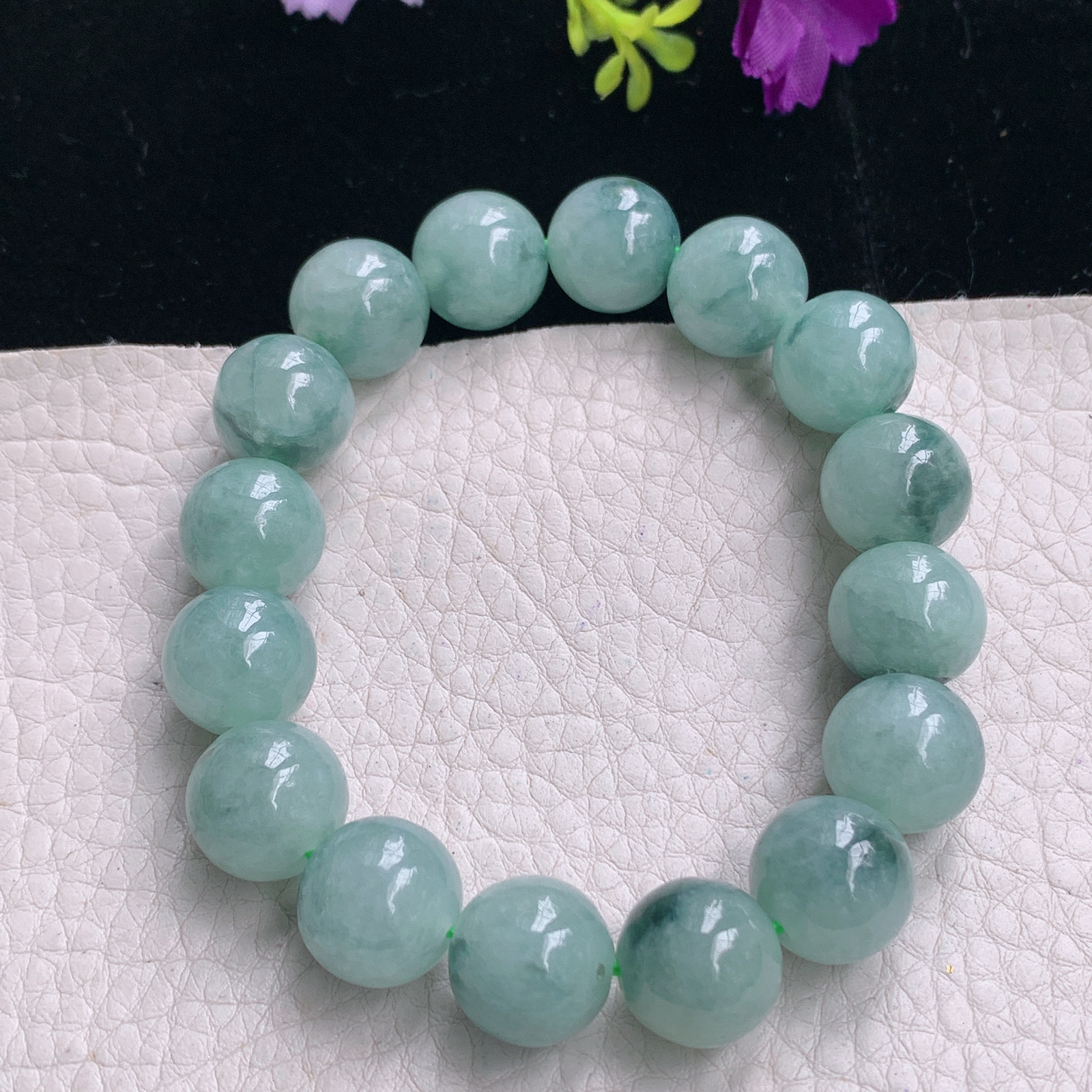 zz3实拍13.3mm 缅甸翡翠飘花大圆珠手串 男款玉珠手链16颗