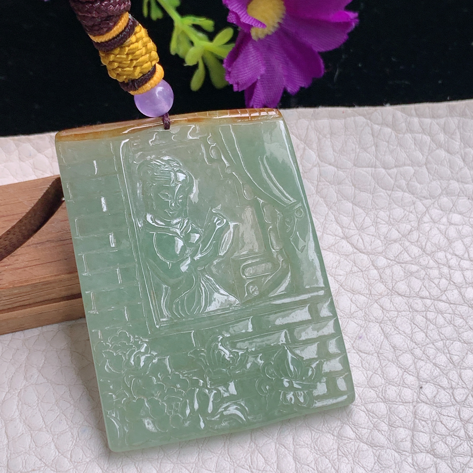 zz3实拍52*39*3.8缅甸翡翠精雕冰透仕女图吊坠 闭月羞花姐妹对挂件