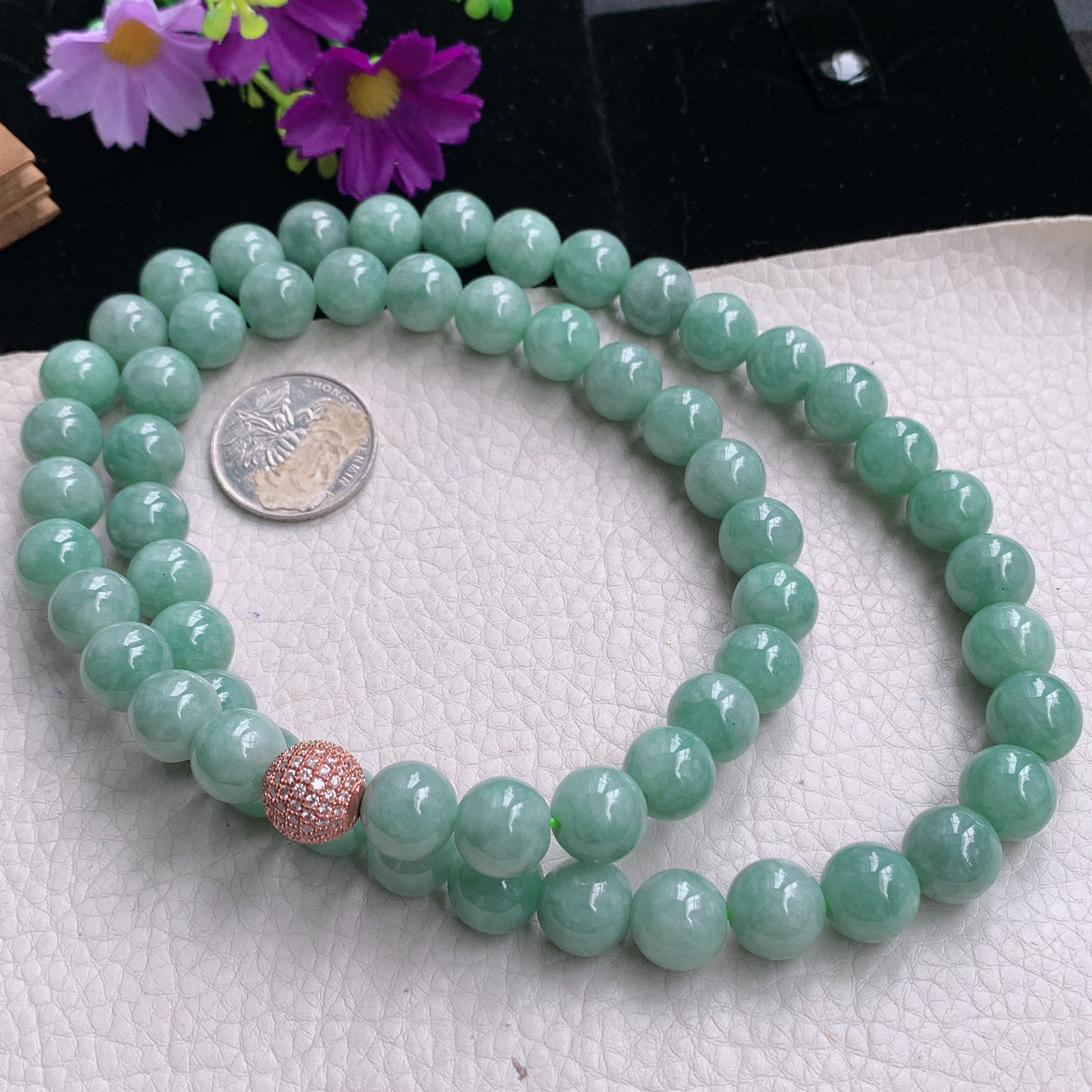 zz3实拍11.5mm共58颗缅甸翡翠淡绿大圆珠项链 佛珠毛衣链