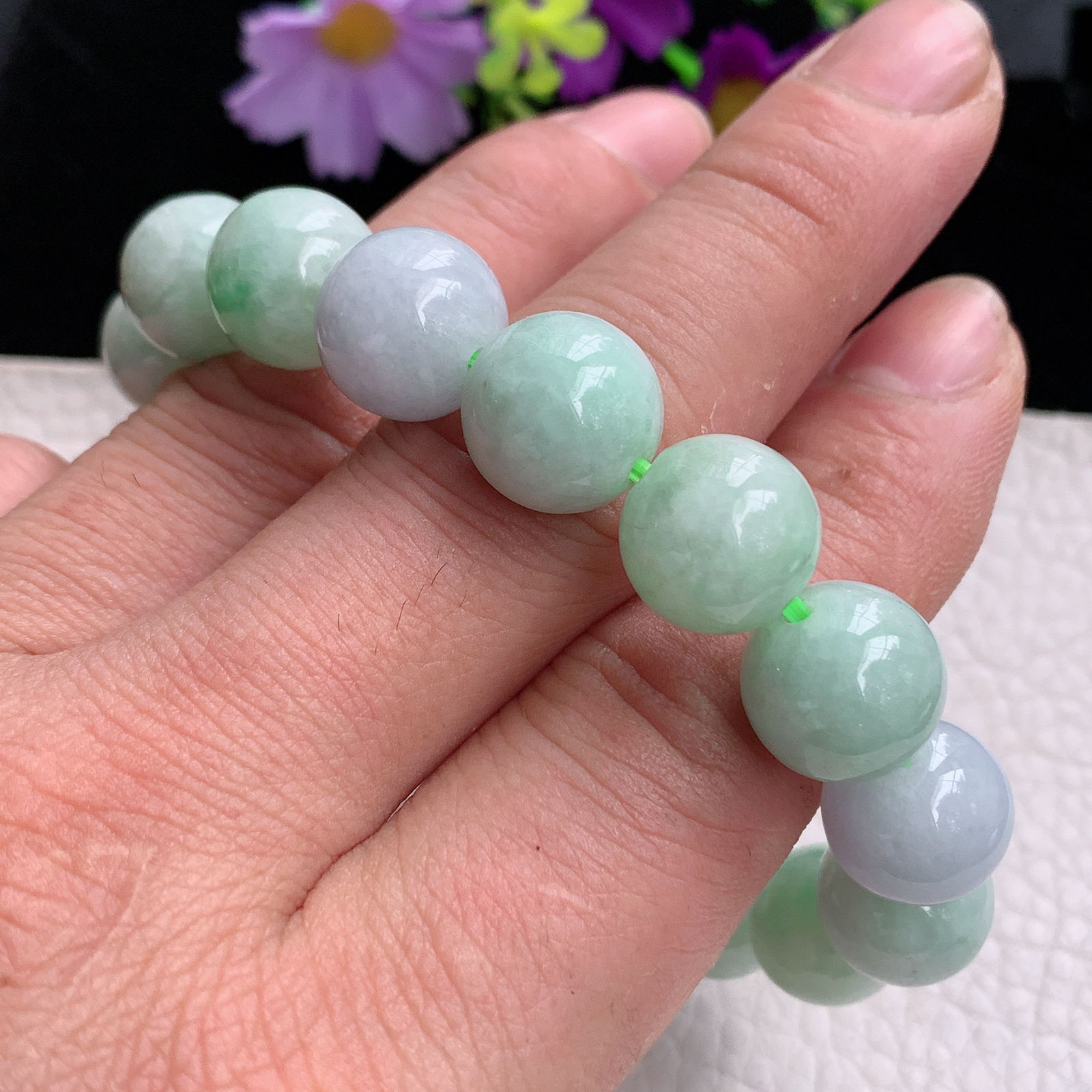 zz3实拍13mm 16颗 缅甸翡翠大圆珠淡绿佛珠手串 男女款手链