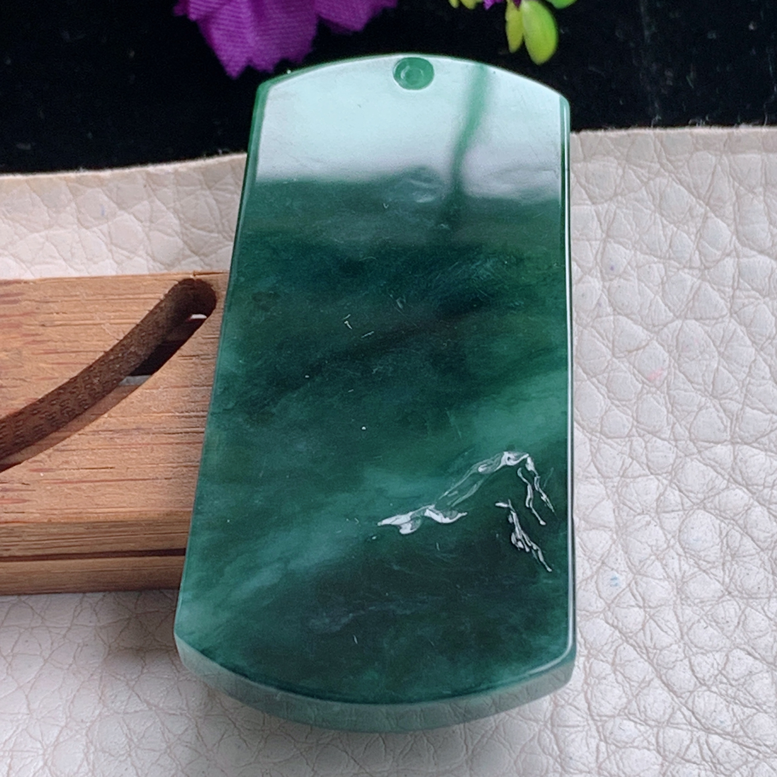 zz3实拍55*28.2*6.5缅甸翡翠蓝水精雕山水牌项坠崇山峻岭垂钓吊坠