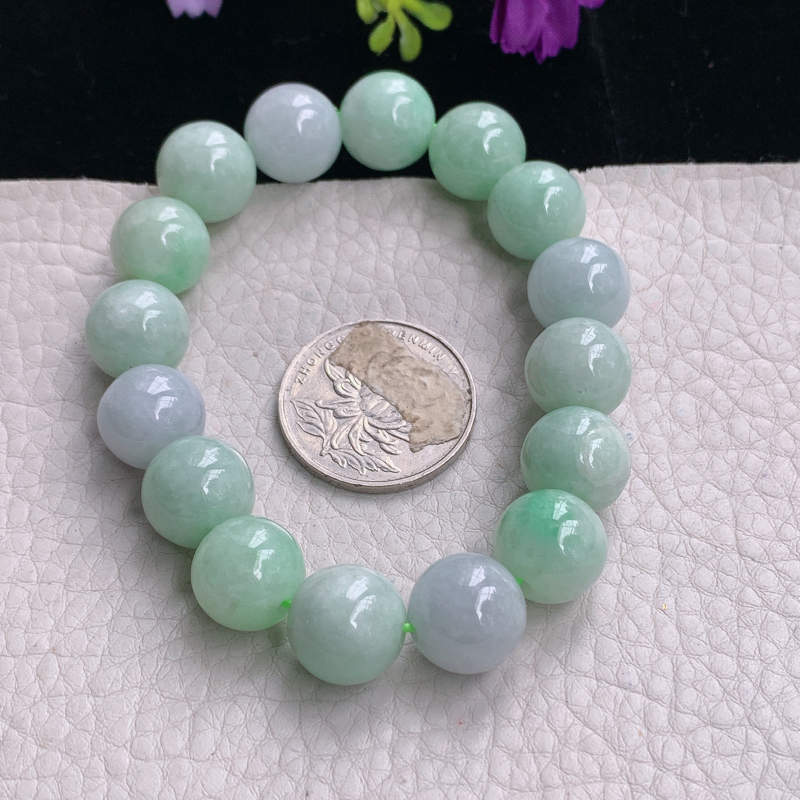 zz3实拍13mm 16颗 缅甸翡翠大圆珠淡绿佛珠手串 男女款手链