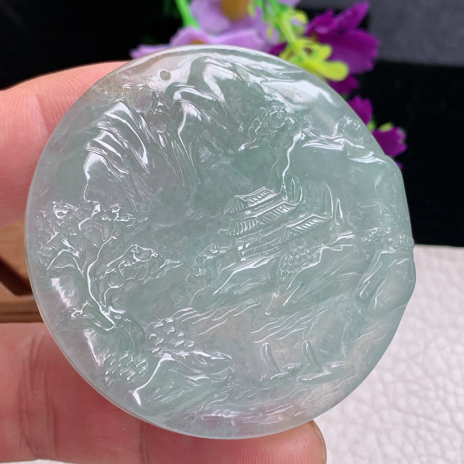 zz3实拍56*7.5缅甸翡翠精冰透晴水圆山水牌吊坠 高山流水意境渊源流长挂件
