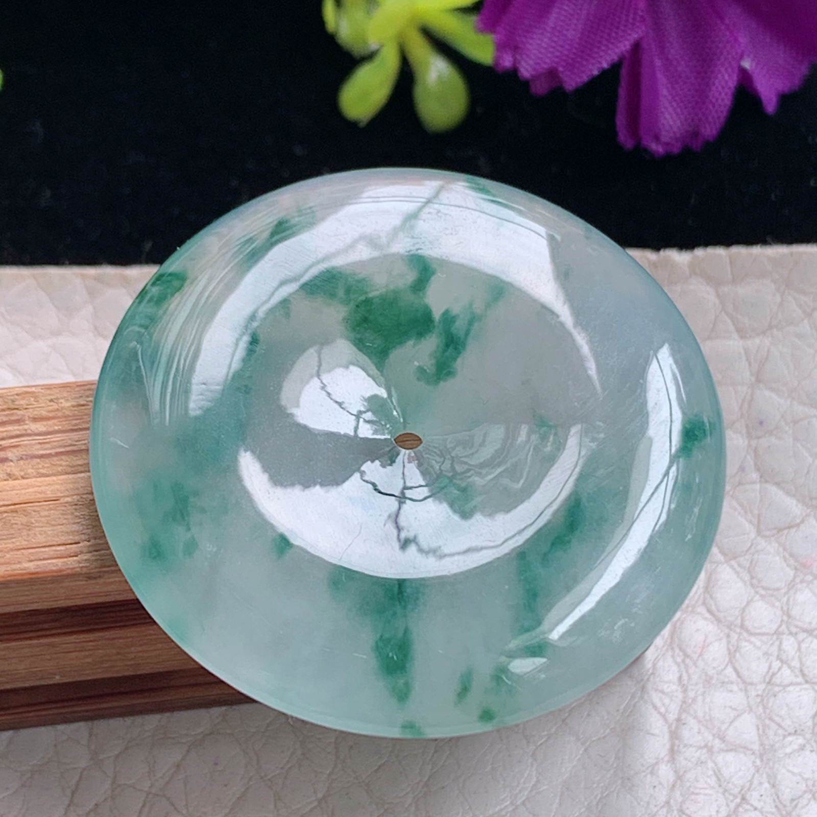 zz3实拍35.5*5.5缅甸翡翠冰透飘花平安扣吊坠 时尚潮风玉扣子玉坠